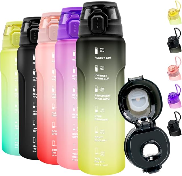 Invool Water Bottle 1L, Sports Water Bottle with Motivational Time Marker & Straw, BPA Free, Leakproof, Tritan Plastic Drink Bottle for Outdoor, Cycling, Gym, School & Office (Black Yellow)