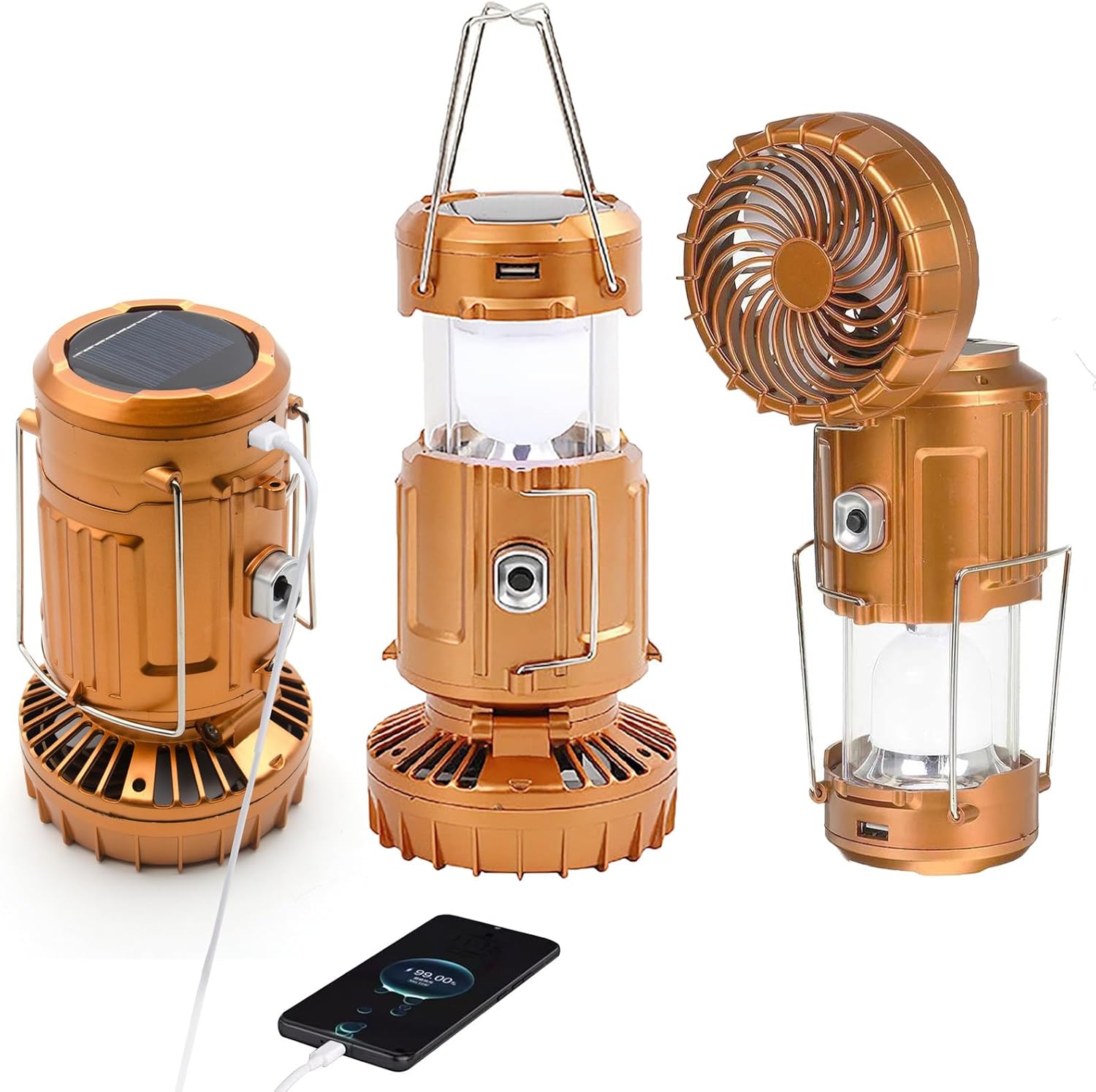 Tenting Lantern with Fan, Flashlight Lantern Collapsible-USB Rechargeable, Photo voltaic & Battery Powered Tenting Lampp for Picnic, Barbecue, Fishing, Journey Rechargeable Emergency Gentle (Gold)