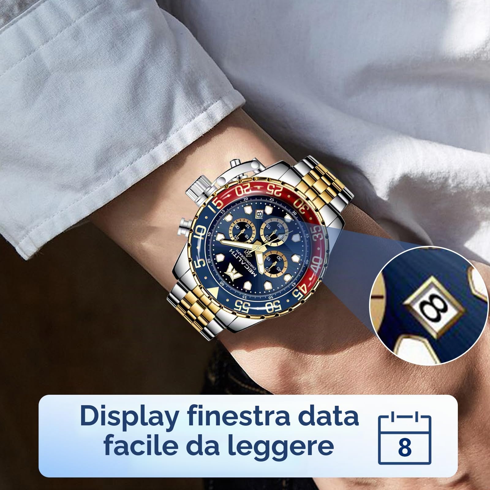 MEGALITH Orologio Uomo Grande Acciaio Cronografo Orologi da Polso Analogico Impermeabile Luminosi Quarzo Calendario