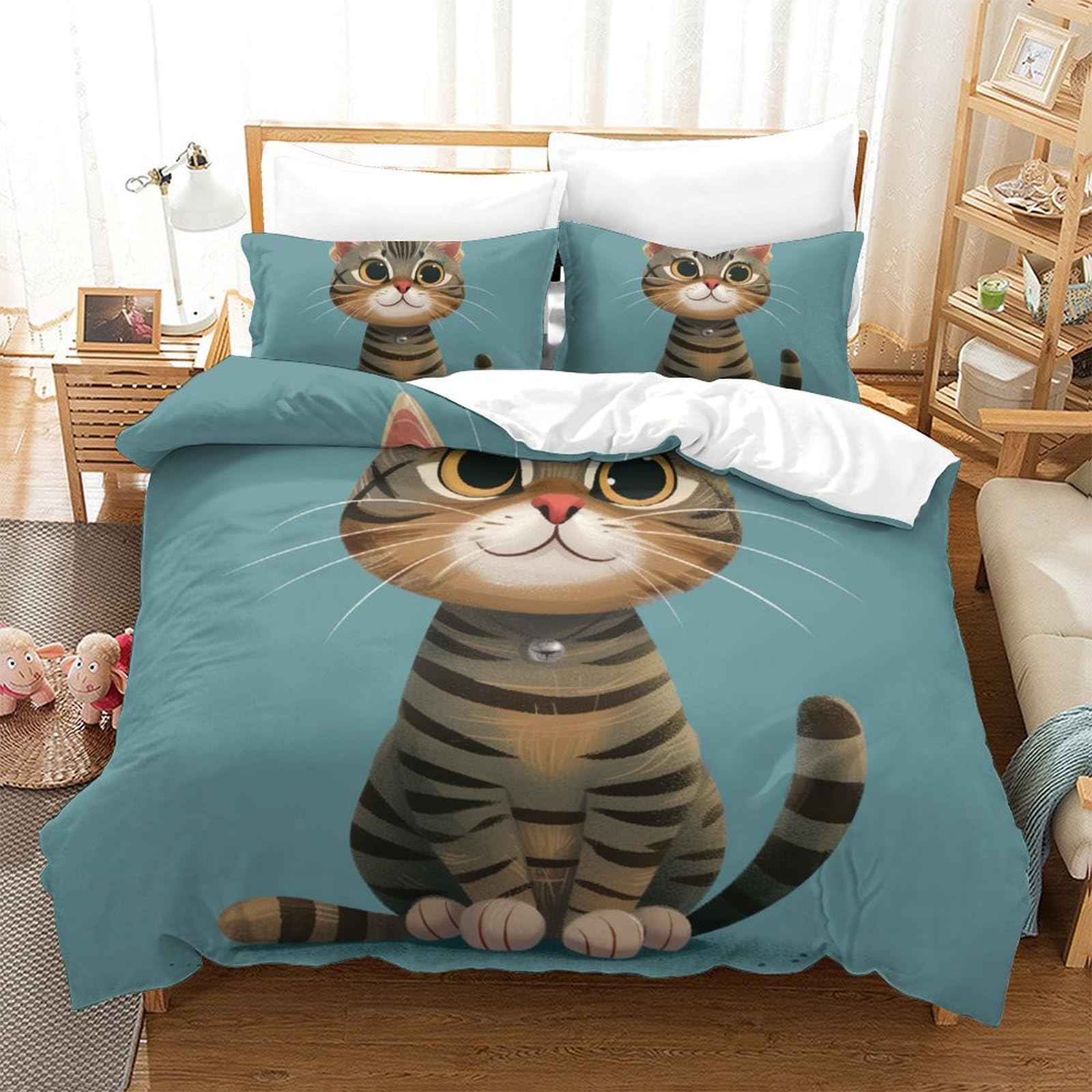 OPANZYYDE Cartoon Cat 3D Printed Duvet Cover Set 3 Pieces Bed Duvet Set Soft Easy Care with Zipper Closure，Pillowcases for Teens And Adults King（220x240cm）