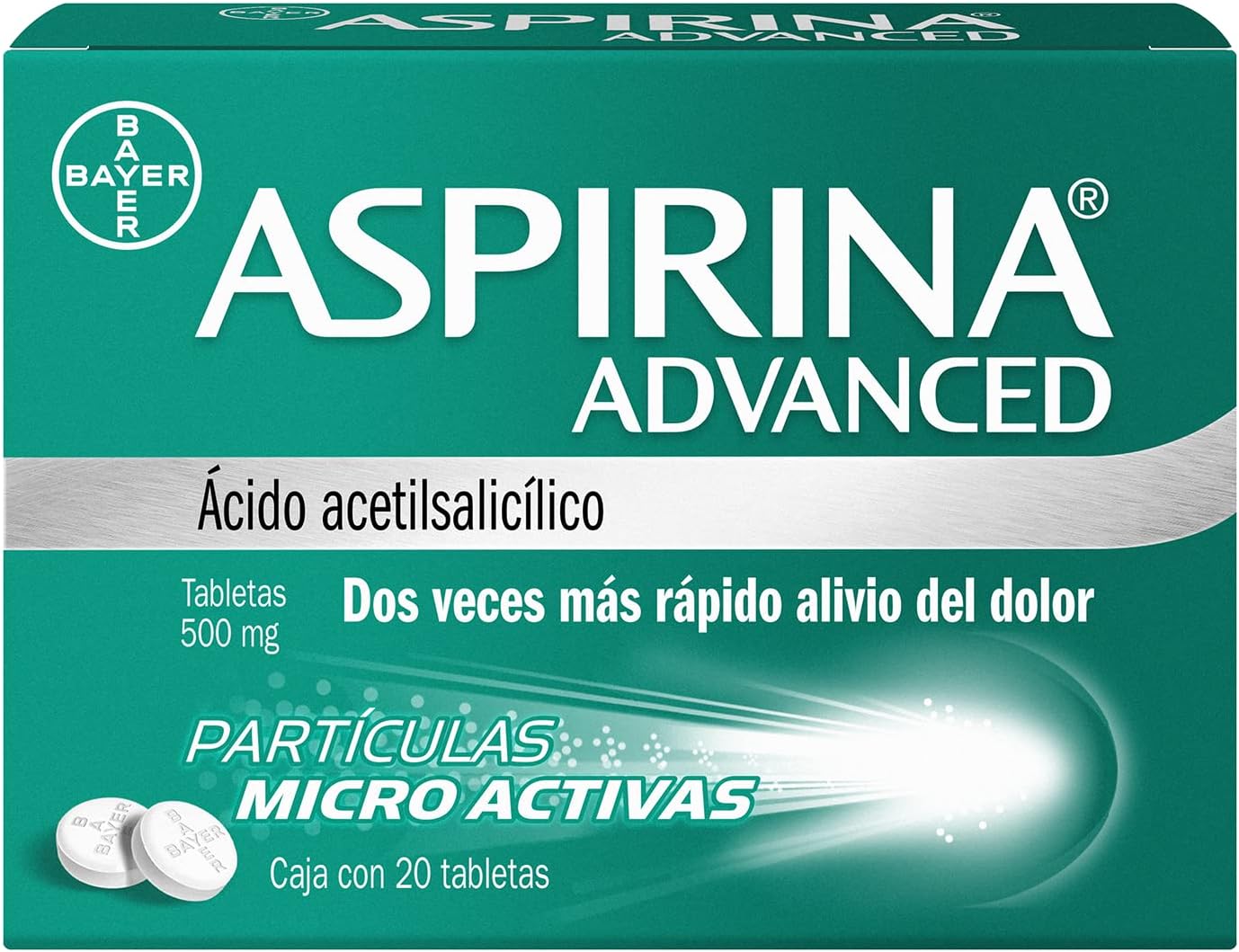 Aspirina Advanced Analgésico y Antiinflamatorio 500mg, Dos Veces Más Rápido Alivio del Dolor, 20
