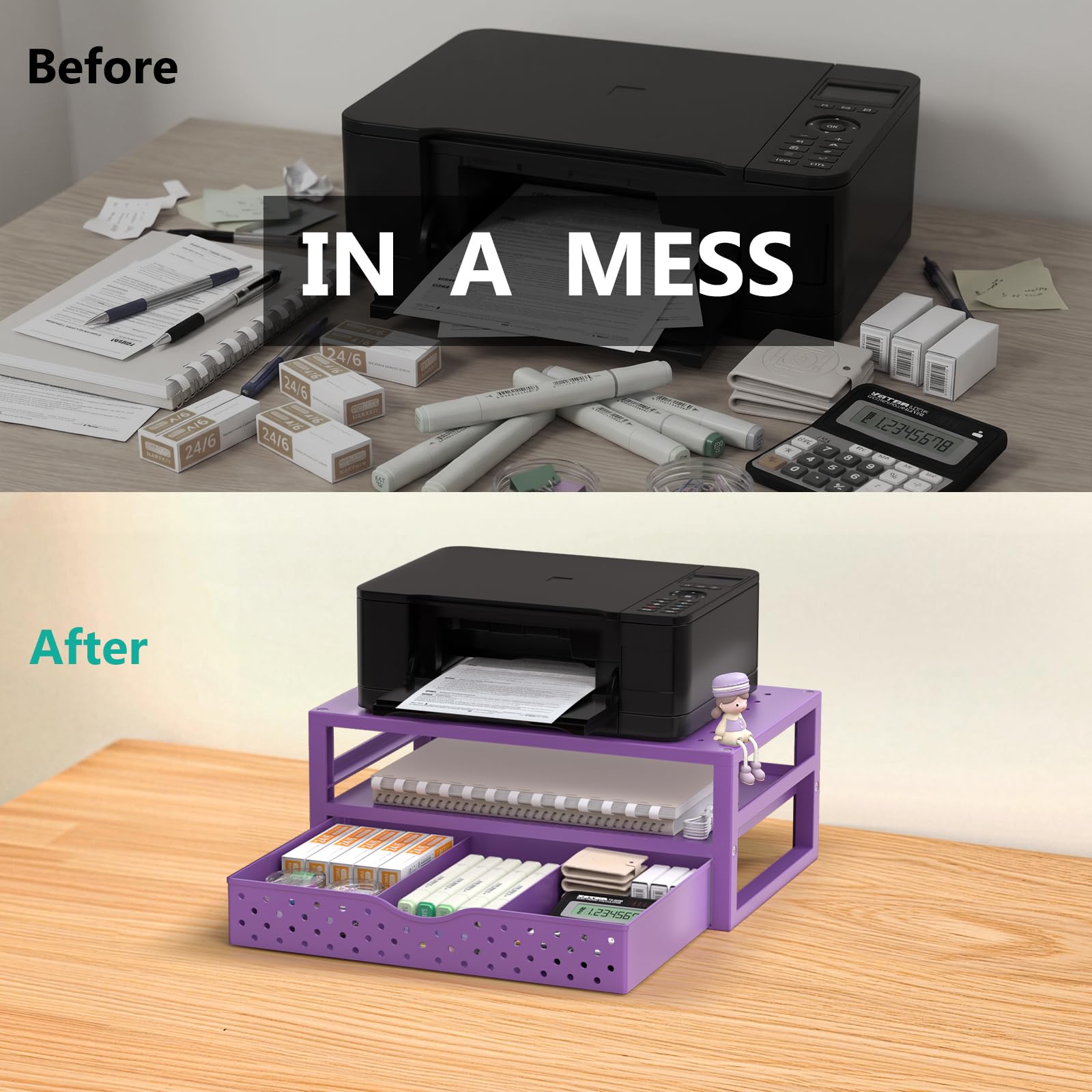 WALI Desk Organizer with Drawer，Computer Monitor Stand with Storage, Desk Organizers and Accessories for Computer, Printer, Laptop Riser for Home Office Supplies, (PTT005-V), 1 Pack, Purple view 6