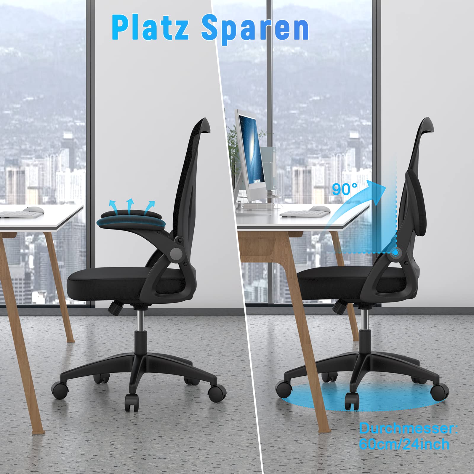 Bürostuhl mit verstellbaren Armlehnen, ergonomischer Schreibtischstuhl mit Netzbespannung, Lordosenstütze, höhenverstellbar, gepolstertem Sitzkissen, 360° Drehstuhl, Schwarz