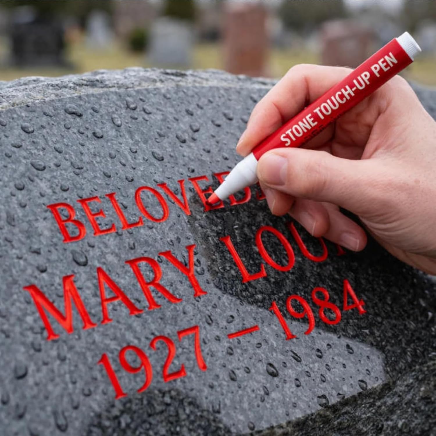 2PC Tombstone Marker Pen,Gold Paint For Headstone Lettering,Weather Resistant Quick Drying Oil Based Paint Marker for Tombstone Gravestone Letter Repair, Memorial Inscription Restoration Tool(Red)