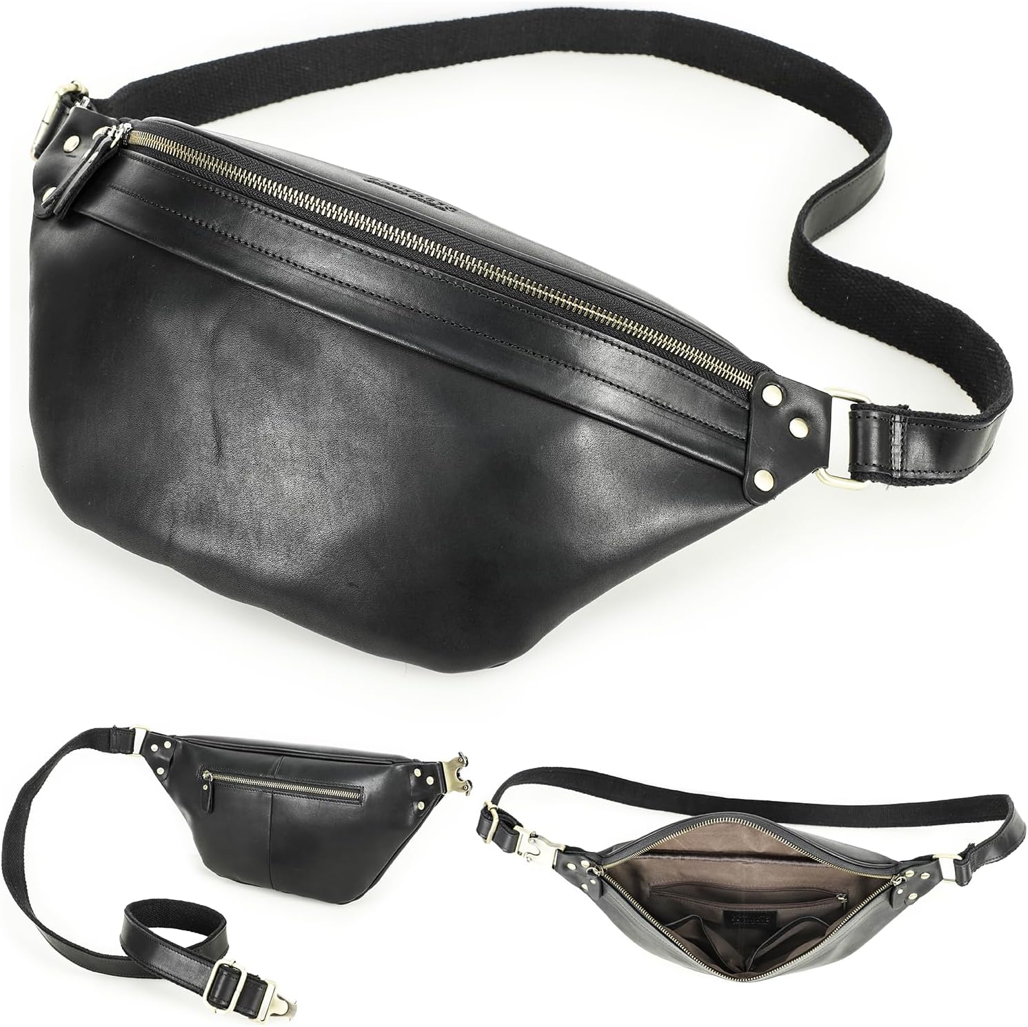 Top Grain Genuine Leather Large Size Fanny Pack for Man & Woman, Minimalist Vintage Design, Handmade with Detachable Hardware, Slim Waist Pack Large Crossbody Belt Bag for Traveling or Riding, Black