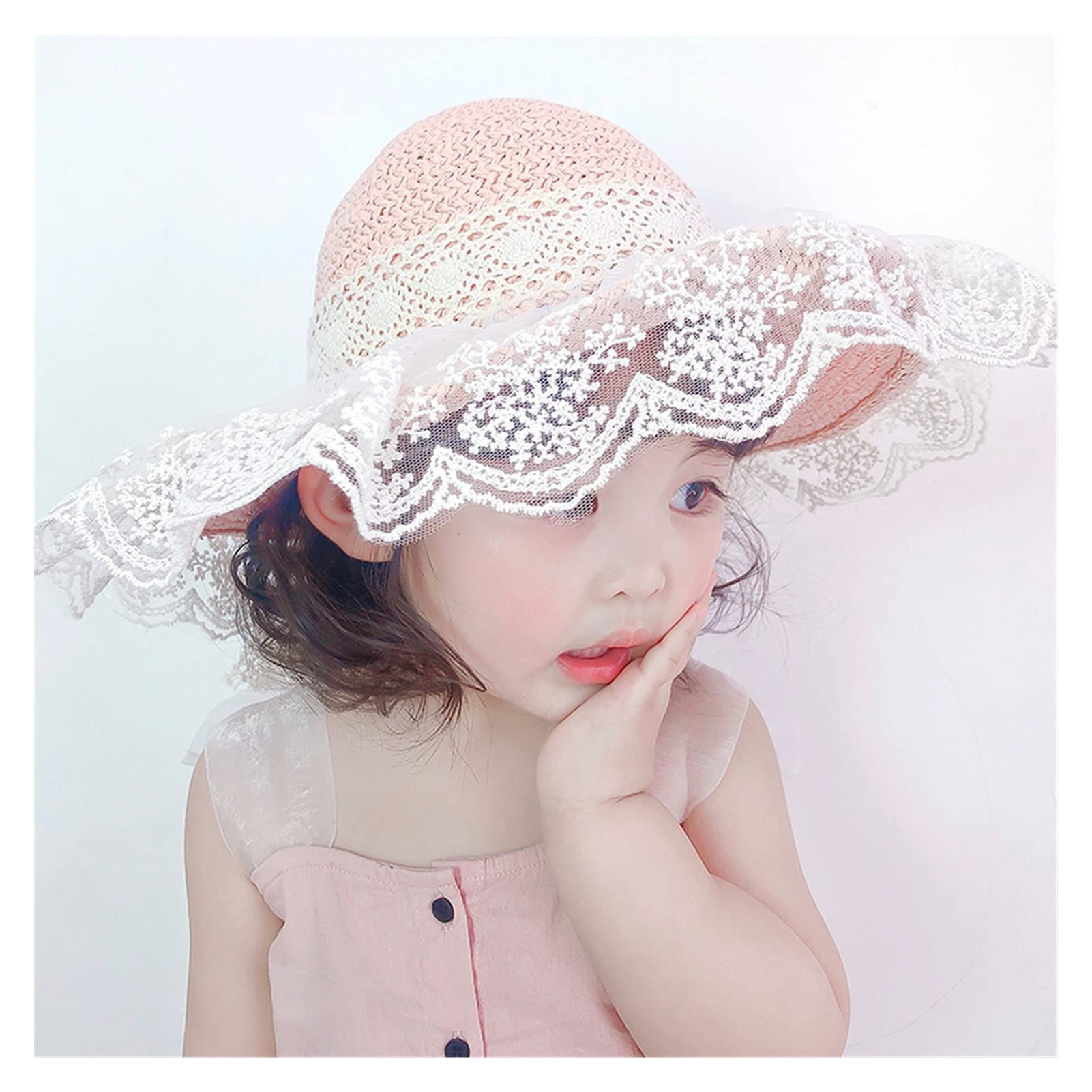 Sombrero de Verano para niños, Ventilador literario, Sombrero de Paja de Encaje para niñas, Sombrero de Paja Transpirable de Verano con Lazo Grande para bebés (Rosa M 2 6Y)