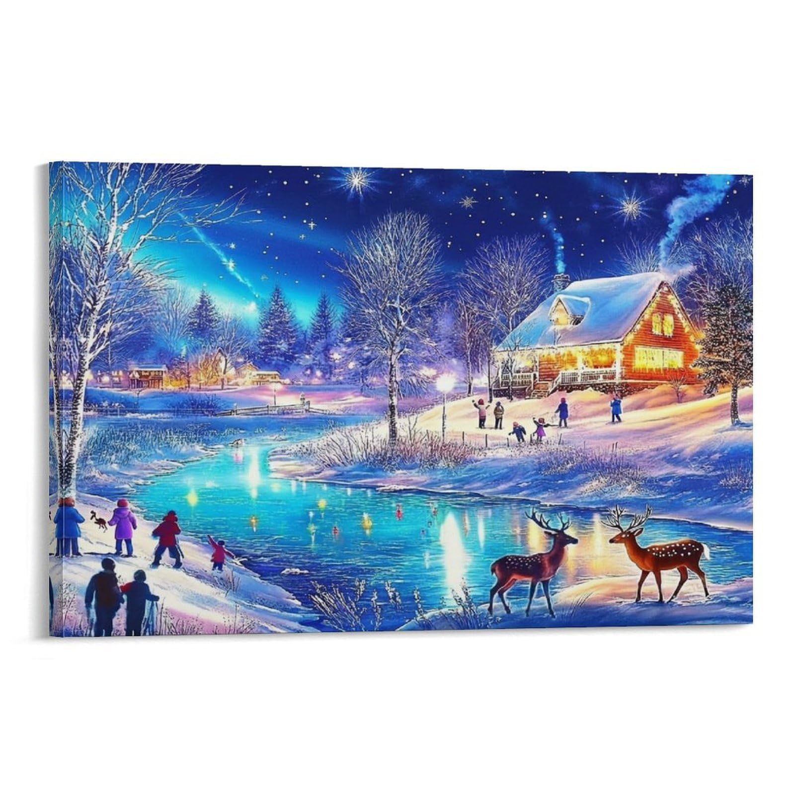 CPLVKWRQJ Winter Wonderland Scene 1 Piece Snowy Town Framed Canvas Art - Bedroom Wall Hanging Easy to Clean Space Transformer Decor 20x30inch(50x75cm)