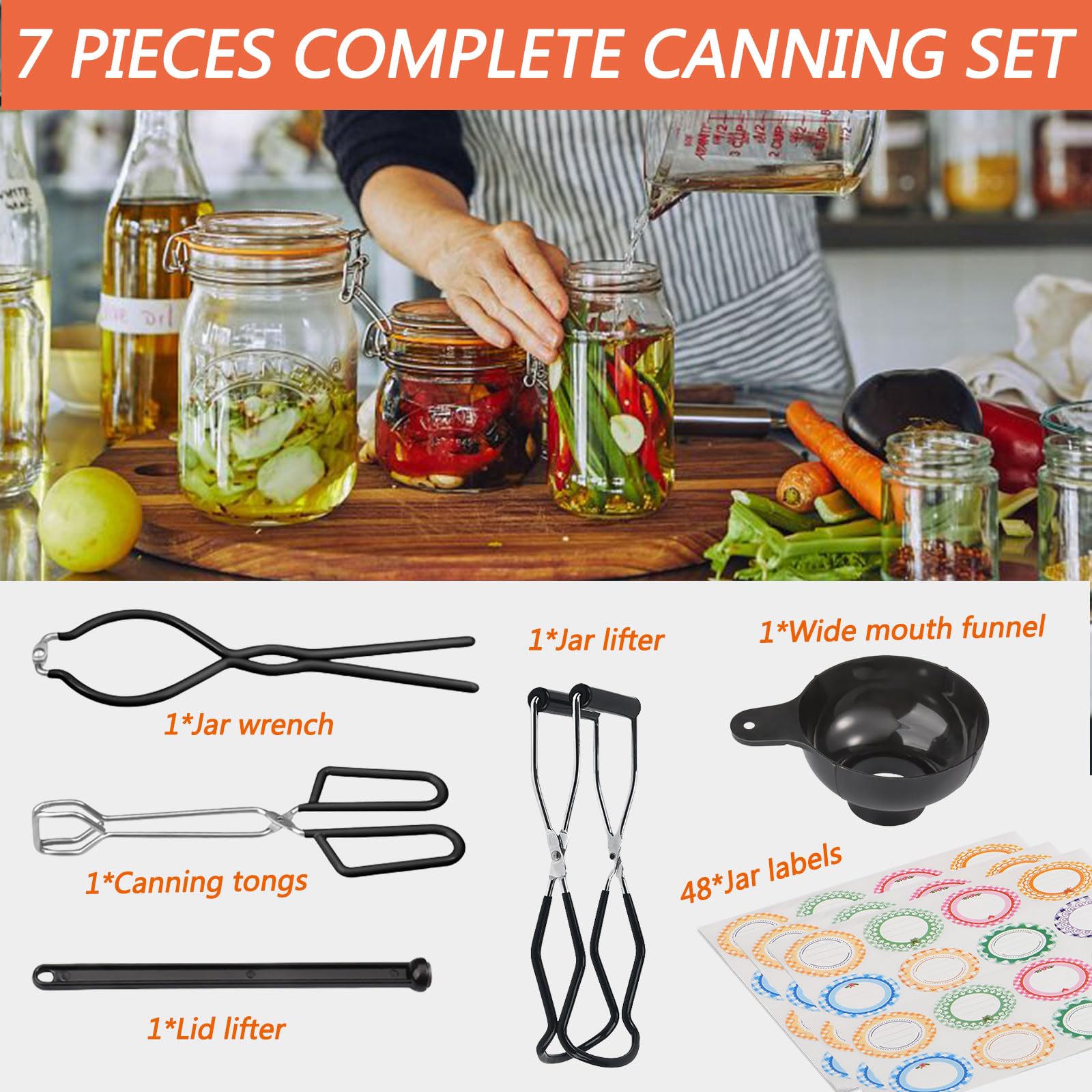 VOKFLYA Canning Kit Canning Supplies Starter Kits Stainless Steel Canning Essential Tools, Canning Jar Lifter Tongs, Funnels, Lid Lifter for Water Bath Canner Pot Black