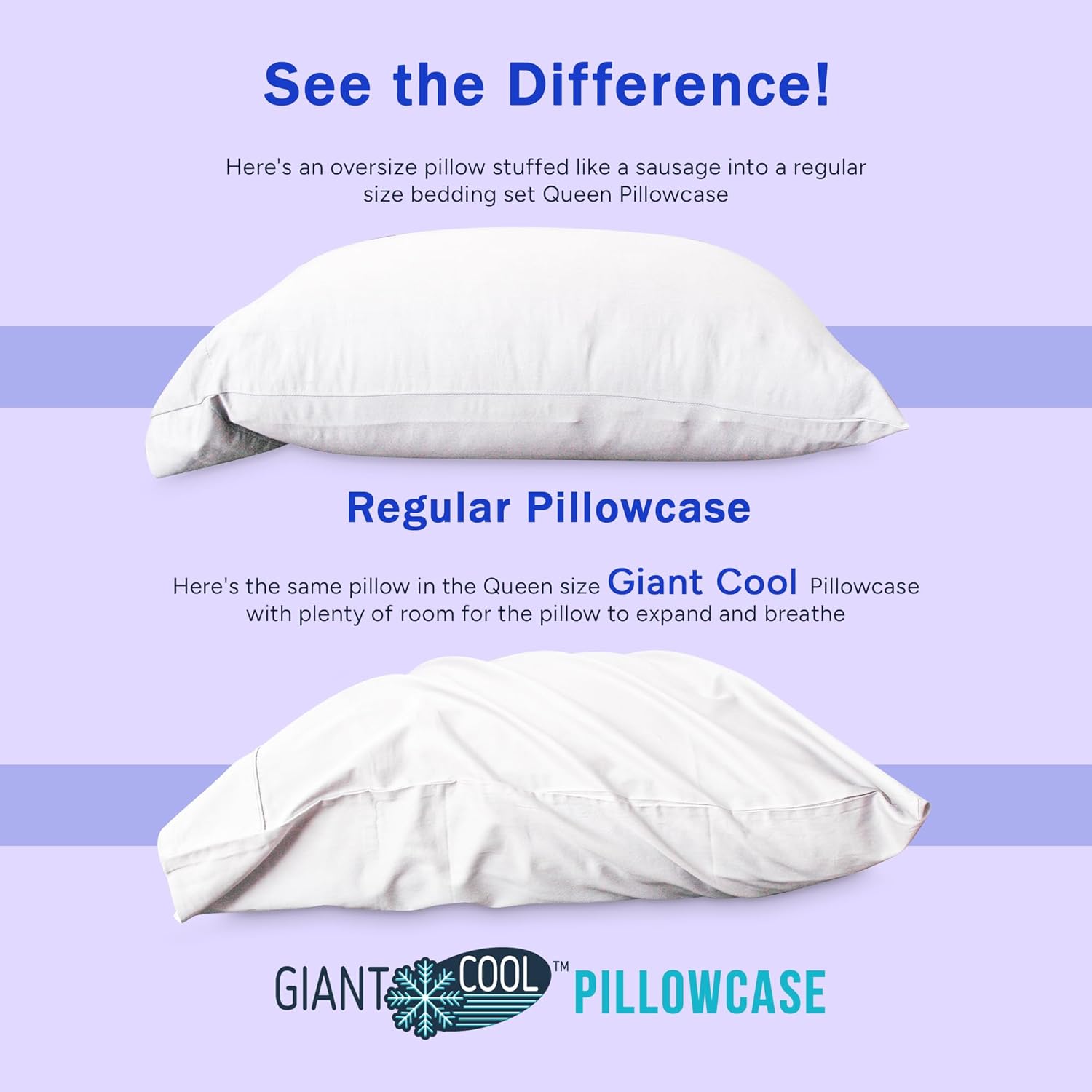 Giant Cool Oversize Extra Large Pillowcases with Cooling Tech Fabric. Extra Wide Cut 25" Inches Fits The Biggest Pillows. 300 TC Cooling Soft Fabric. 2-Pack Queen Gray