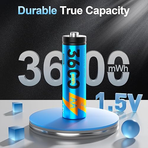 Miniatura 3 de Paquete de 12 baterías AA recargables con cargador inteligente de 12 ranuras, baterías AA de litio constante de 3600 mWh 1.5 V, batería doble A