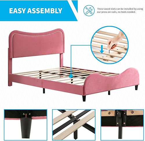 Miniatura 4 de Mjkone Cama individual tapizada para niños marco de cama de plataforma individual con cabecera curvada cama de estilo deportivo con soporte de