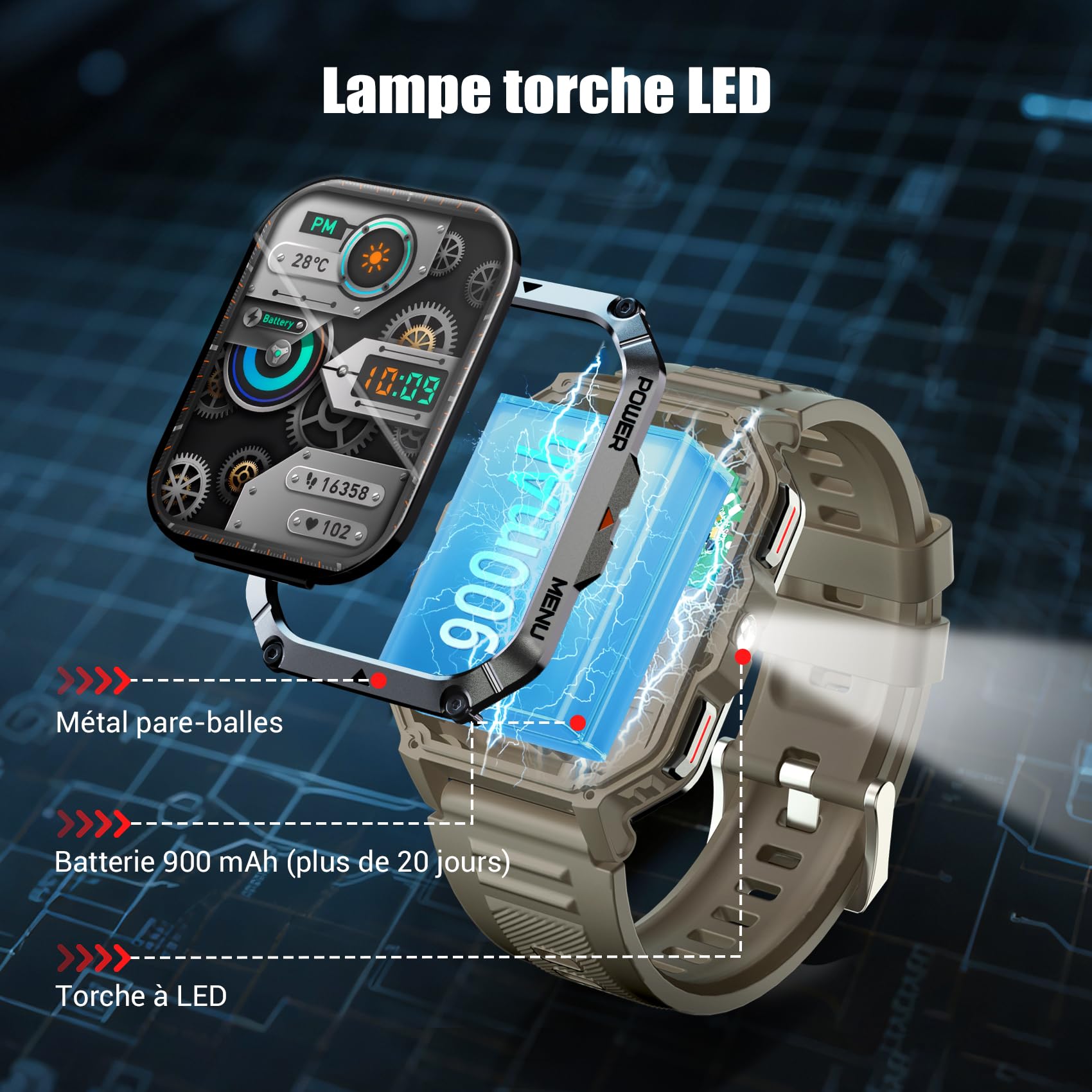 IOWODO Montre Connectée Homme Femme W70pro, Illumination,Batterie 900 mAh, Écran Tacile 2.01" TFT, Appel Bluetooth, Cardiofréquence/SPO2, Analyse Sommeil, 100+ Modes Sport,pour Android/iOS (Kaki)