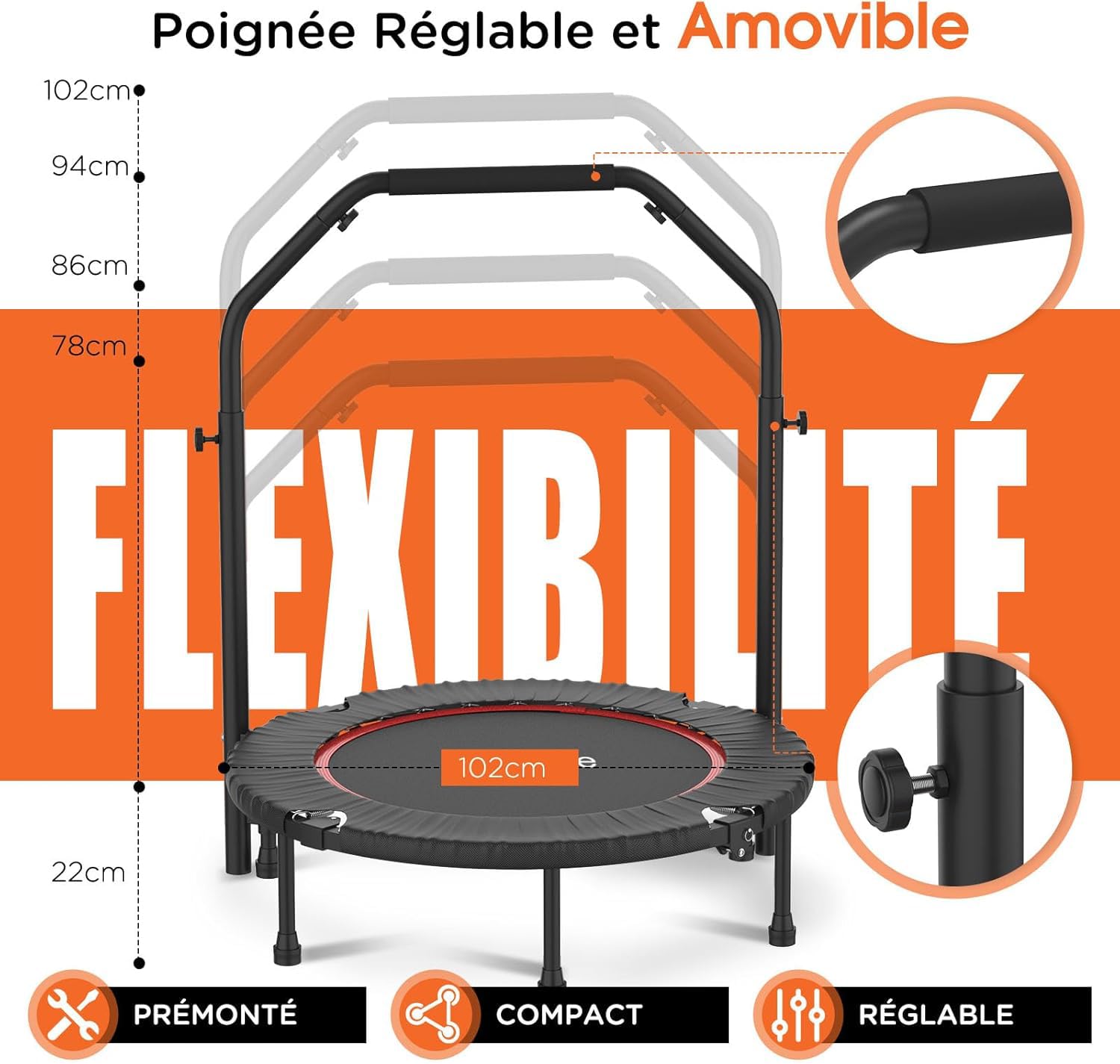 DH FitLife Trampoline de Fitness Intérieur Pliant sans Installation | Ø102 cm 40 Pouces | Capacité 150 kg | 4 Niveaux de poignée réglables | Structure Stable