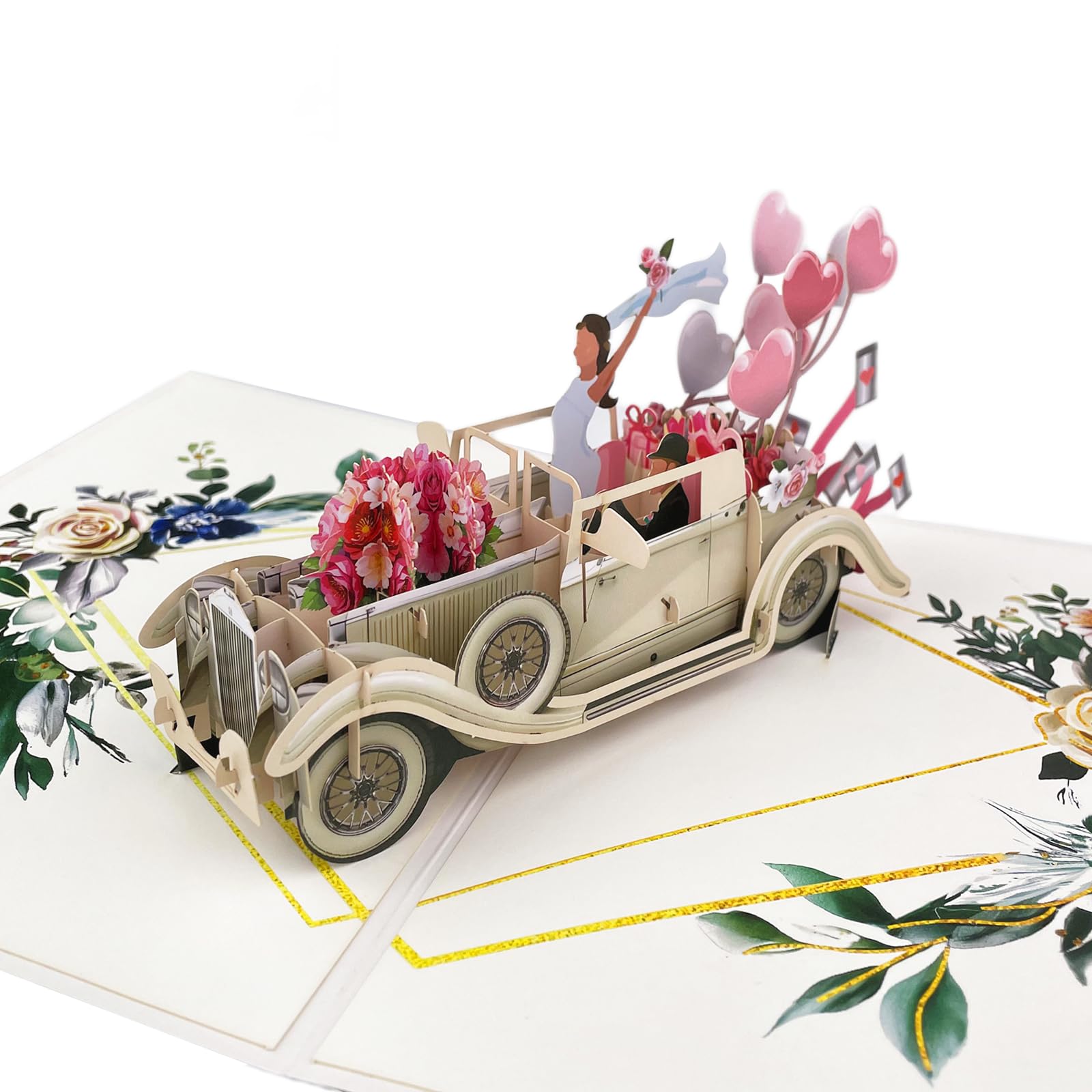 Elegante Biglietto Pop-Up 3D con Auto Just Married per Matrimonio, Regalo in Denaro per Viaggio di Nozze