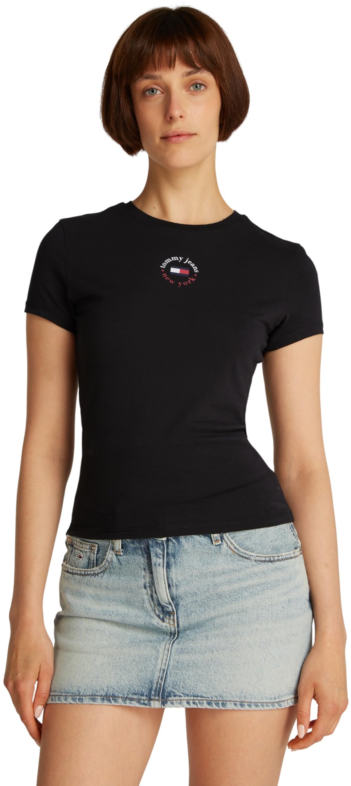 Tommy Jeans Damen T-Shirt Kurzarm Essential Logo Tee Slim Fit, Schwarz (Black), XXS