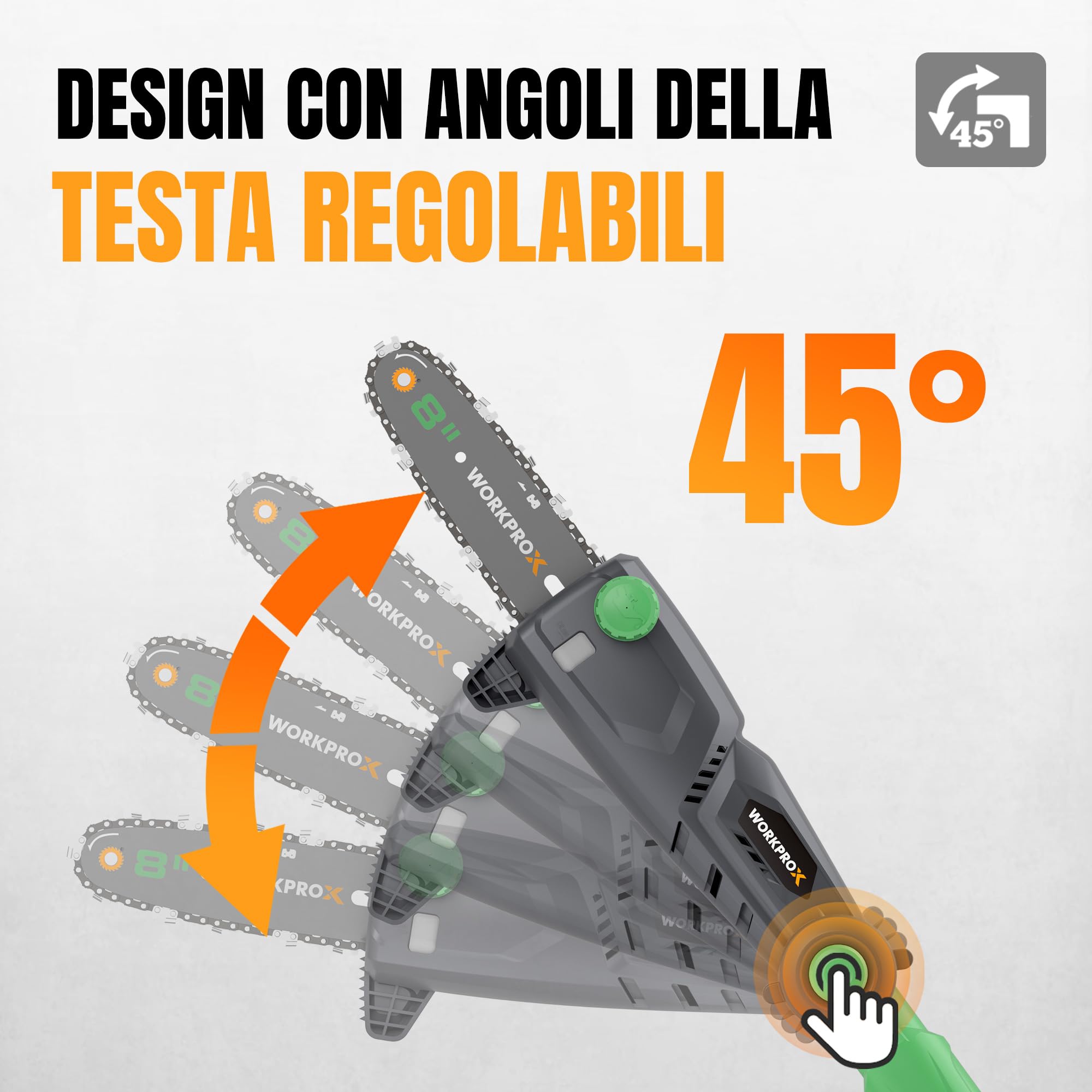 WORKPROX Potatore Telescopico su Asta 20V per la Potatura di Rami Alti, Motosega a Batteria 4,0Ah, Estensione fino a 4,5 m, Lama da 20 cm, Angolazione Regolabile, Lubrificazione Automatica