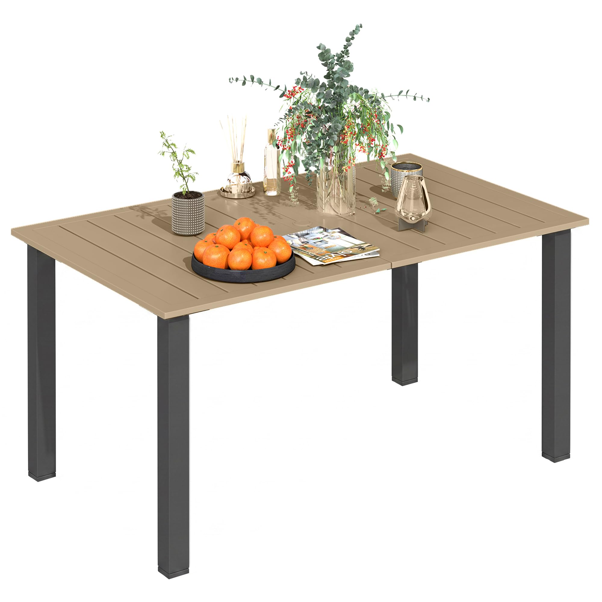 Outsunny Mesa de Jardín Rectangular con Patas de Acero 150x90x73 cm Marrón | Mesa de Terraza Exterior, Orificio para Sombrilla, Diseño de Listones, Carga 70 kg, para Terraza Patio