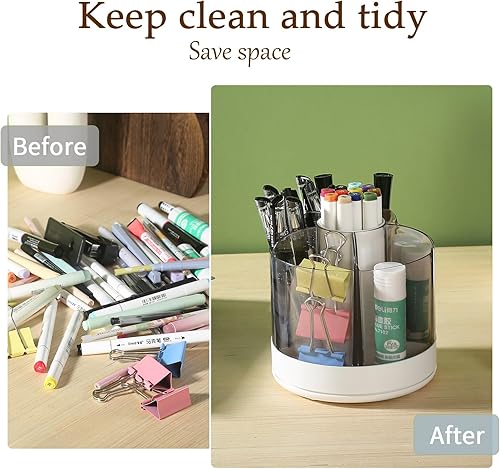 Miniatura 7 de RAVEGO Organizador de escritorio, soporte para bolígrafos con rotación de 360 grados, soporte para lápices con 6 ranuras para escritorio,