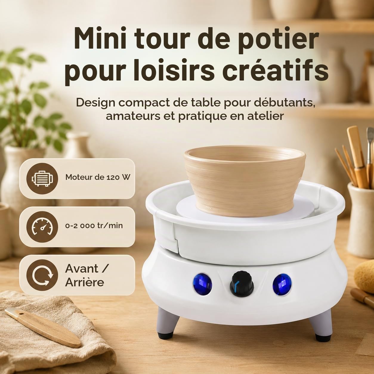 120W Tour de Potier Tour de Potier Adulte Machine à Argile Céramique Machine de Transfert de Poterie Vitesse Réglable 2000 rpm Tour de Poterie pour Enfants,Convient pour la Maison, l'école
