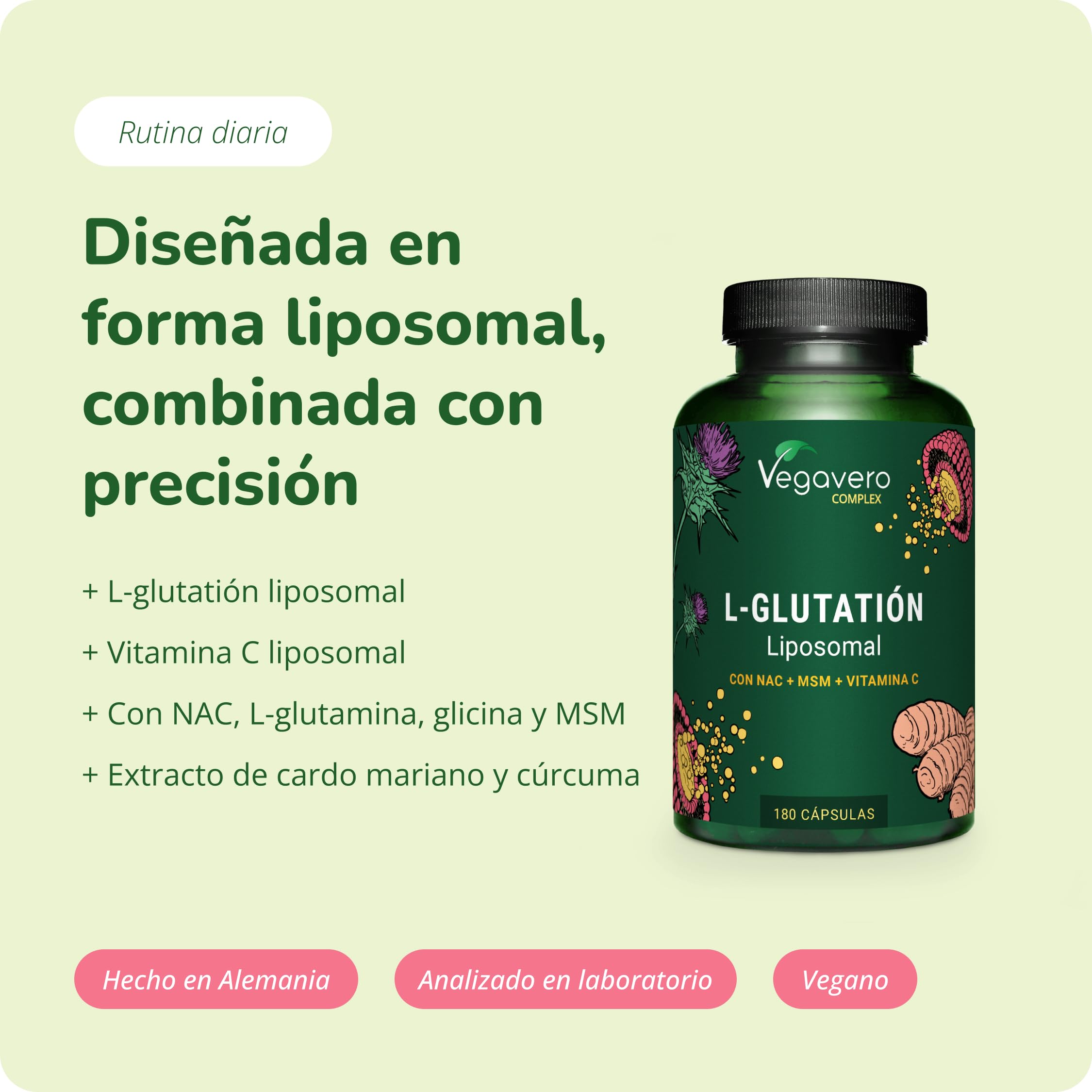 Vegavero Glutatión Liposomal PureWay™- G | Antioxidante Potente | NAC + Glicina + MSM + Vitamina C + Magnesio | Regenerador Celular | 180 Cápsulas