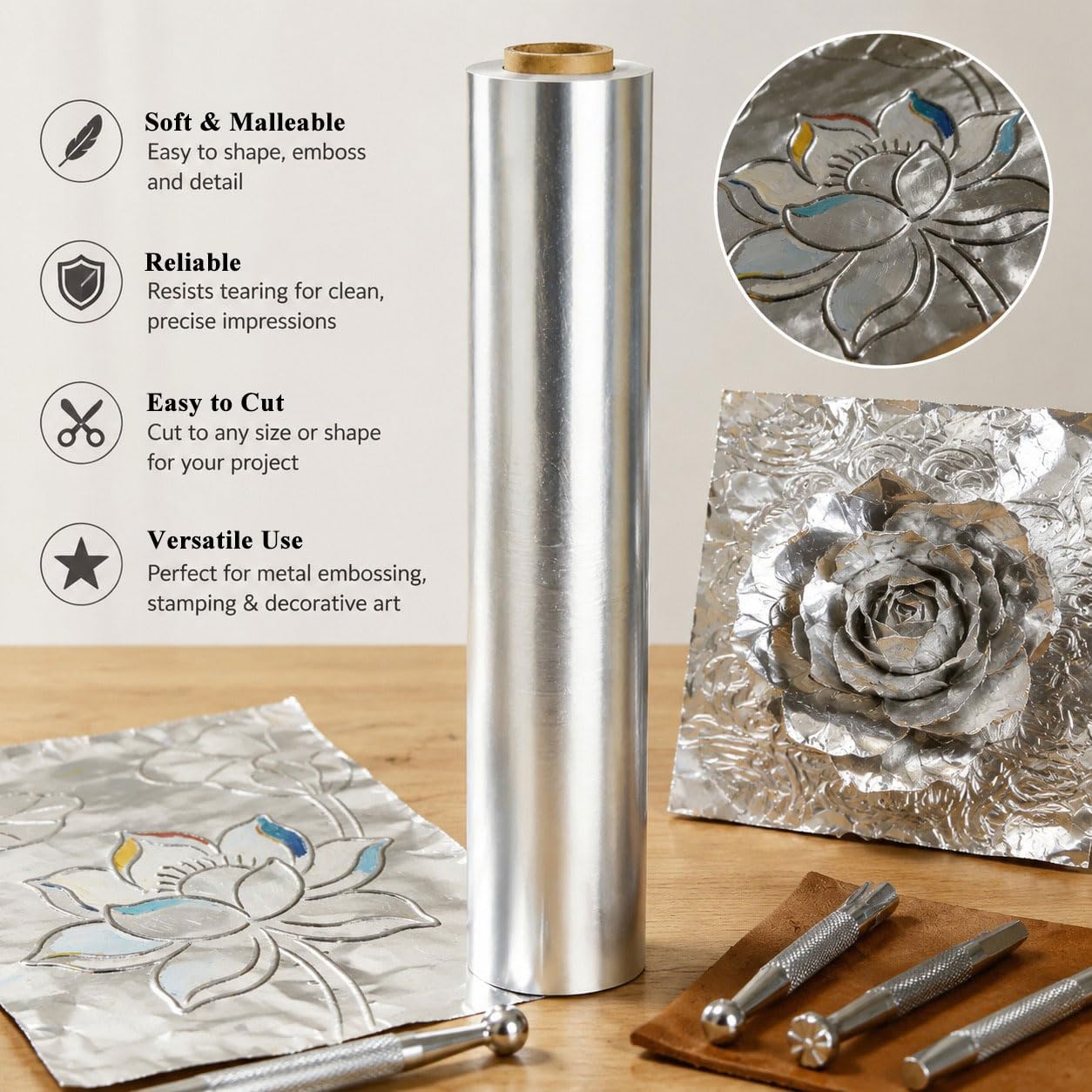 Foglio in Alluminio per Goffratura 100µ Lastre Metalliche Spesse per Hobby | per Rilievo, Stampa a Caldo, Bigiotteria & Progetti Decorativi, Rotolo di Carta Metallo Resistente per Artigianato