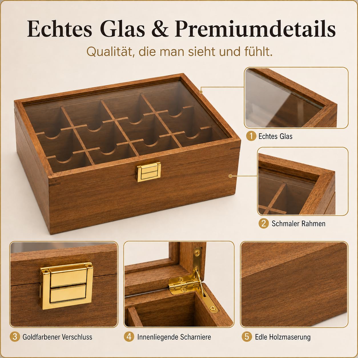 ALVERO Teebox aus Holz mit Glasdeckel, 12 Fächer, Goldener Verschluss, Elegante Holzoptik, Ideal für Küche, Büro und Teestation