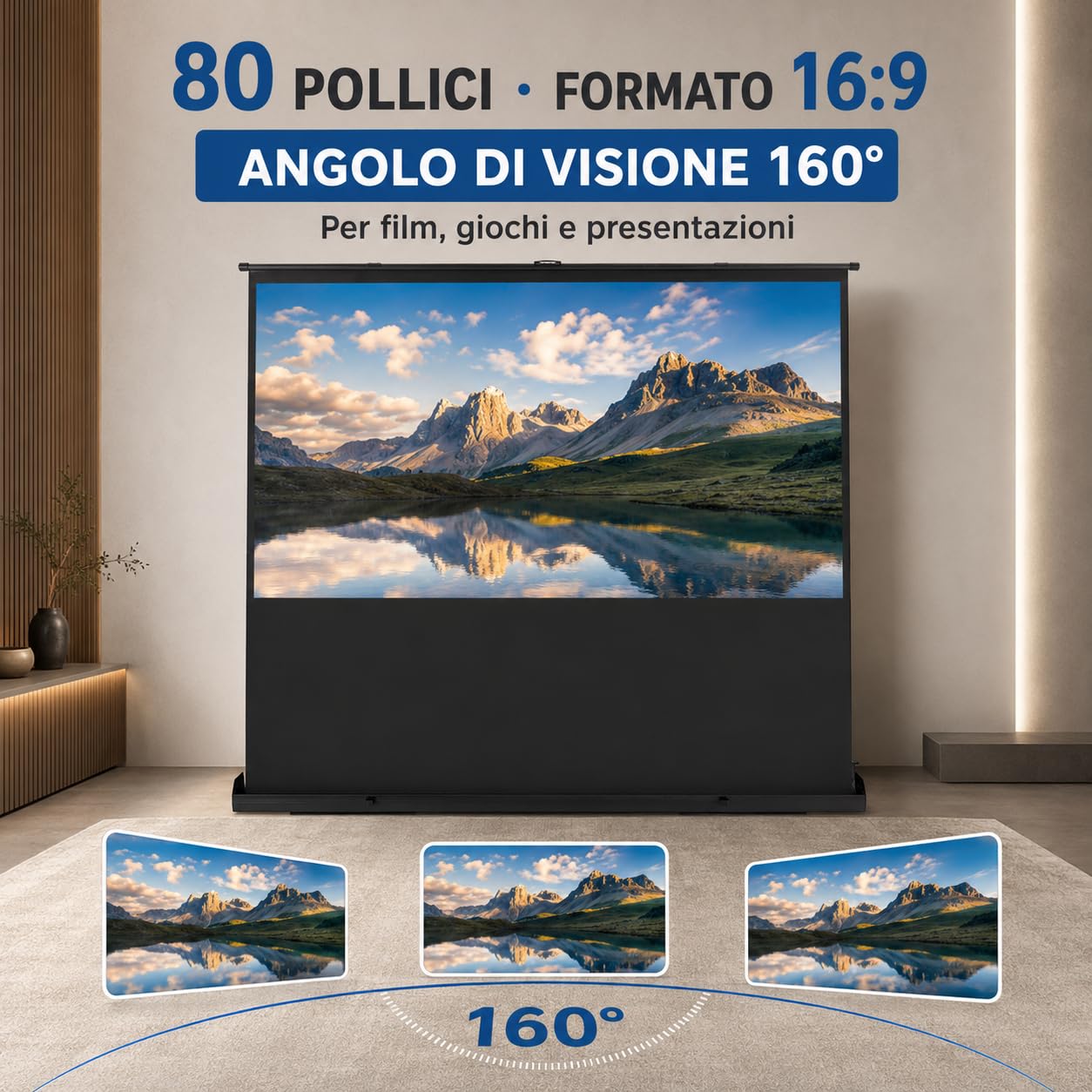Freistehende Bodenhochziehbare Leinwand, 80 Zoll HD-Projektionsleinwand, Mattweiß, Bereich Projektor-3D für Zuhause, Schule (16:9, 170x100cm)
