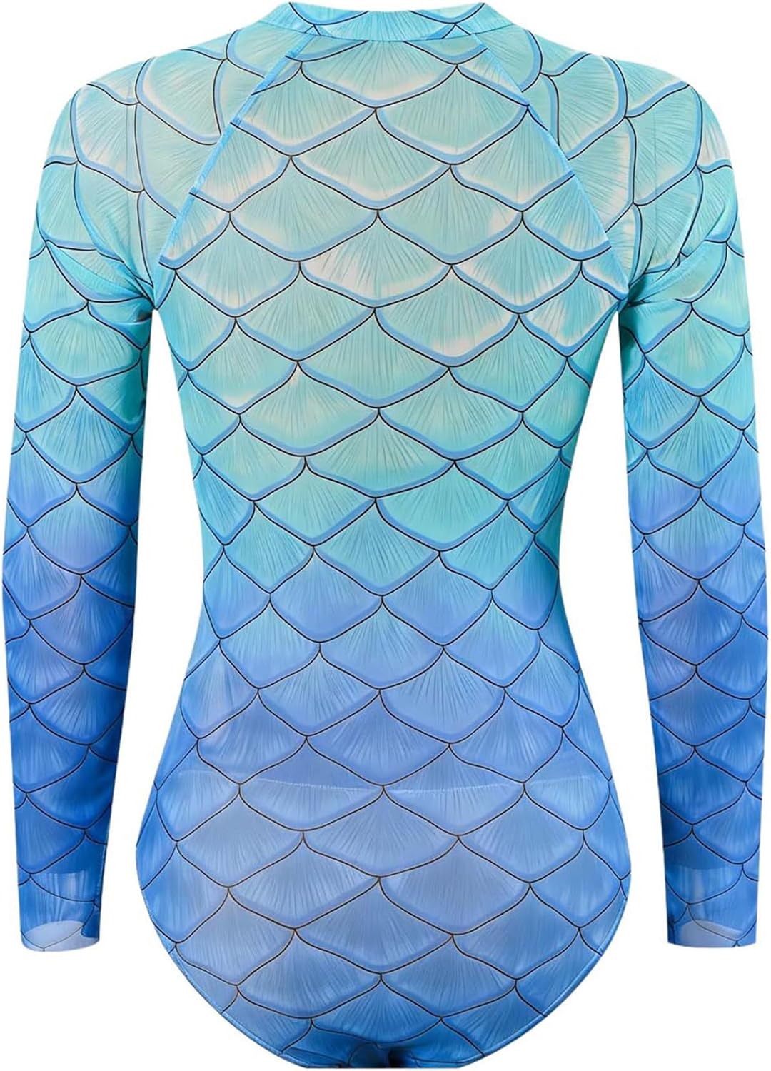 Women Mermaid Bathing Suit 2 Pieces Half Zip-Up Fish Scales Printing Leotard and Pants Swimwear Set