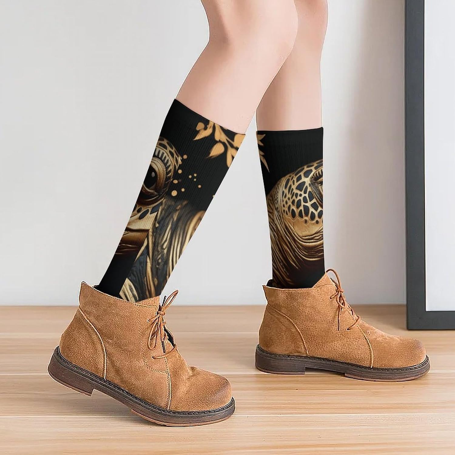 Breathable Crew Sock, Moisture Wicking, Athletic Calf Socks, Cozy | Black And Gold Sea Turtle Pattern Compression Socks for Women Men, Lightweight High Work Socks for Business, Casual