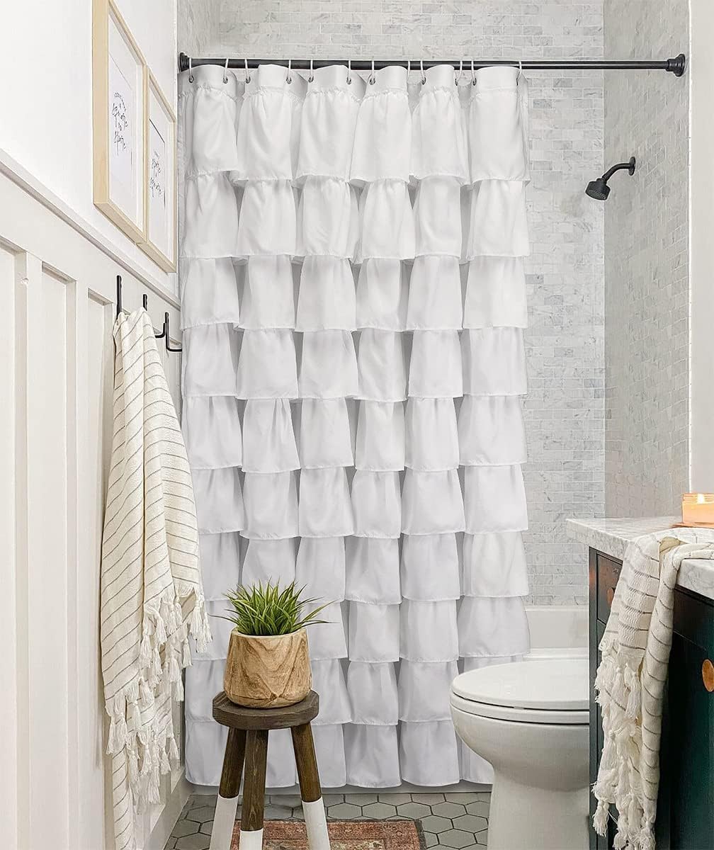 Volens Cortina de ducha blanca con volantes para baño, 72 pulgadas de largo
