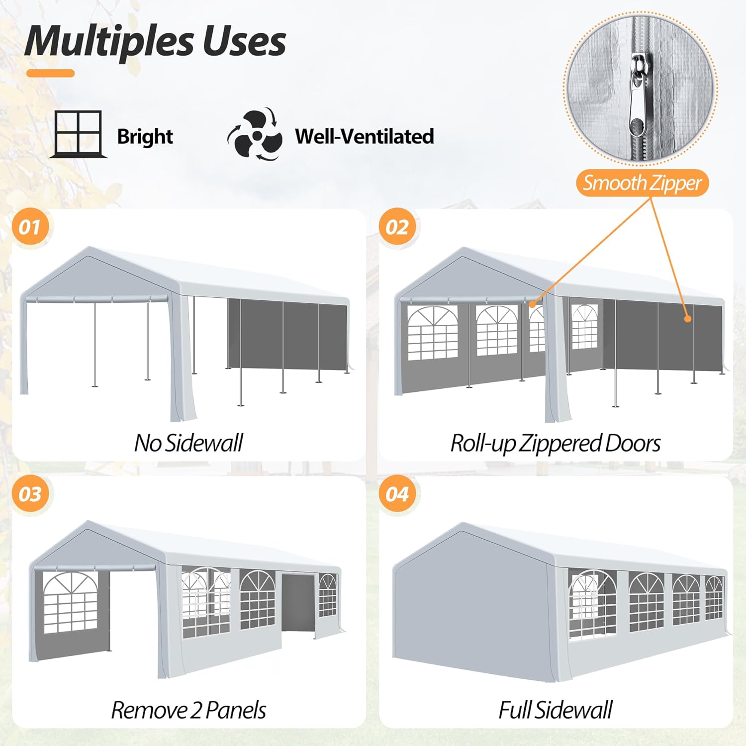 Diagram illustrating multiple tent configurations: no sidewall, roll-up zippered doors, removing two panels, and full sidewall enclosure.