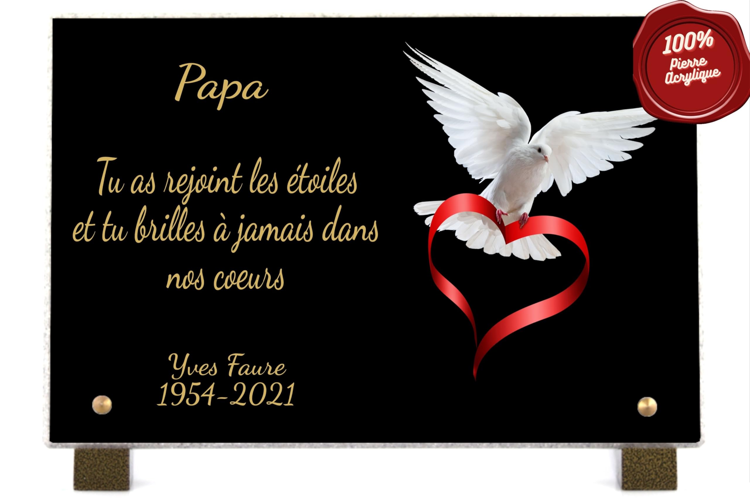 Plaque Funéraire Cœur Colombe Personnalisable en Pierre 18x12 cm Résistante aux UV PHENIX