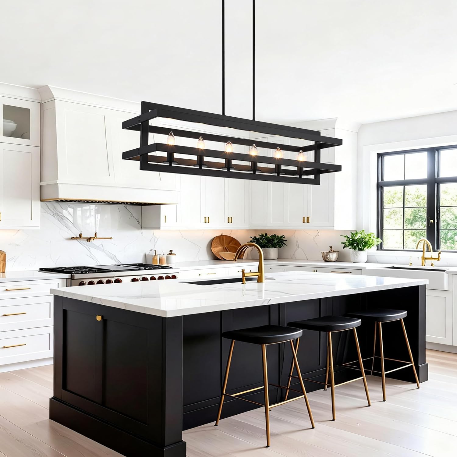 Black Chandeliers Rectangle Pendant Lights Kitchen Island Farmhouse Dining Room Light Fixtures 6-Lights Modern Chandelier for Living Room Kitchen