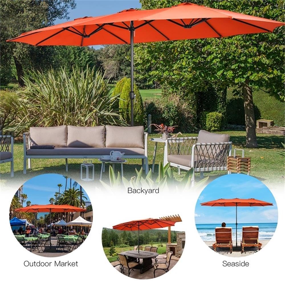 Pemberly Row 15 Ft Double-Sided Patio Umbrella, Orange Canopy, Metal Frame, Hand-Crank, Weighted Base, Ventilation Design, Outdoor Market, Garden or Patio Shade
