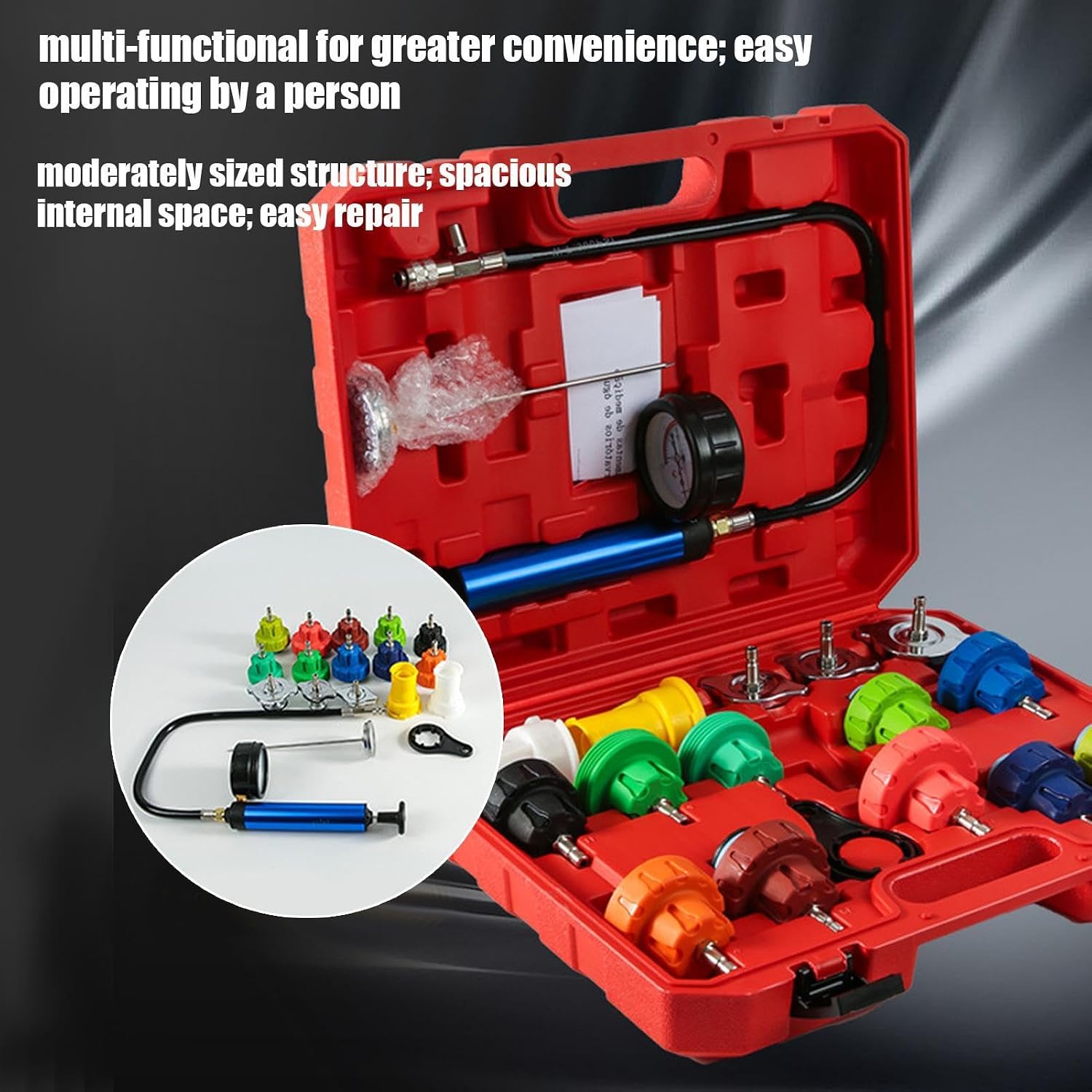 Radiator Leak Test Kit, Professional Pressure Tester for Cooling System with Quick Test Design, Multi-Adapter Tool for Diagnostic Detection Hydraulic Vehicle Truck Rv SUV Maintenance 18-Piece