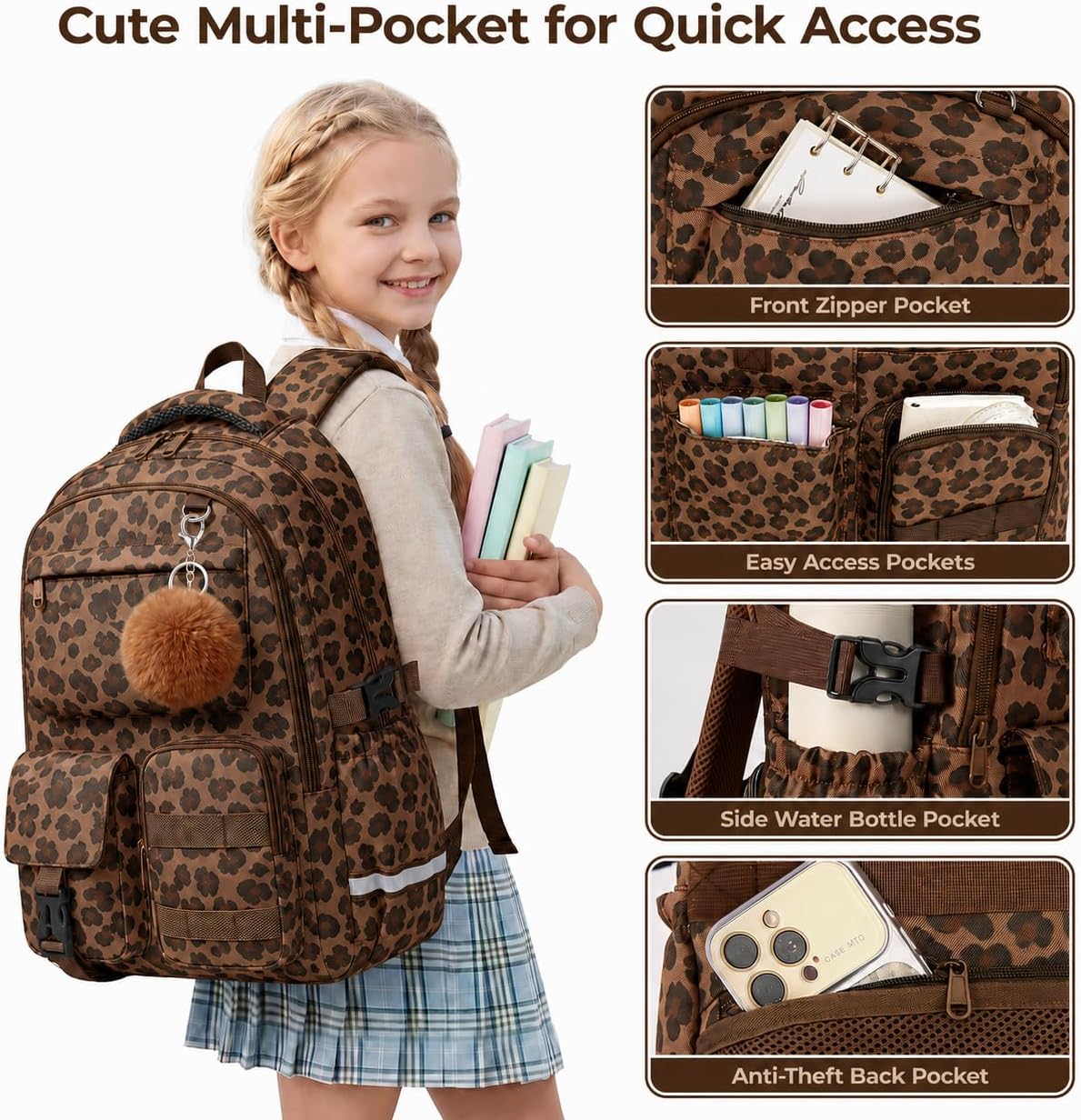 WOBAGMEN Cute Leopard Backpack for Teen Girls, Large Capacity Multi-Pocket School Bag Fits 15.6" Laptop, Lightweight Durable Daypack for School and Travel (Brown Leopard, M)