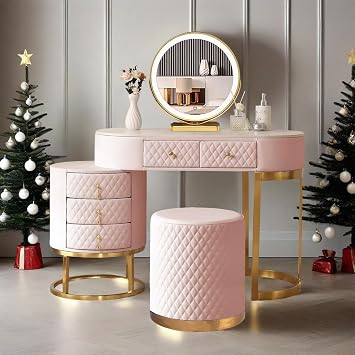 Juego de tocador de piel sintética con espejo iluminado LED, mesa de cosméticos con cajones de almacenamiento taburete (rosa) – Mesa para maquillaje y cuidado del cabello, 80 cm