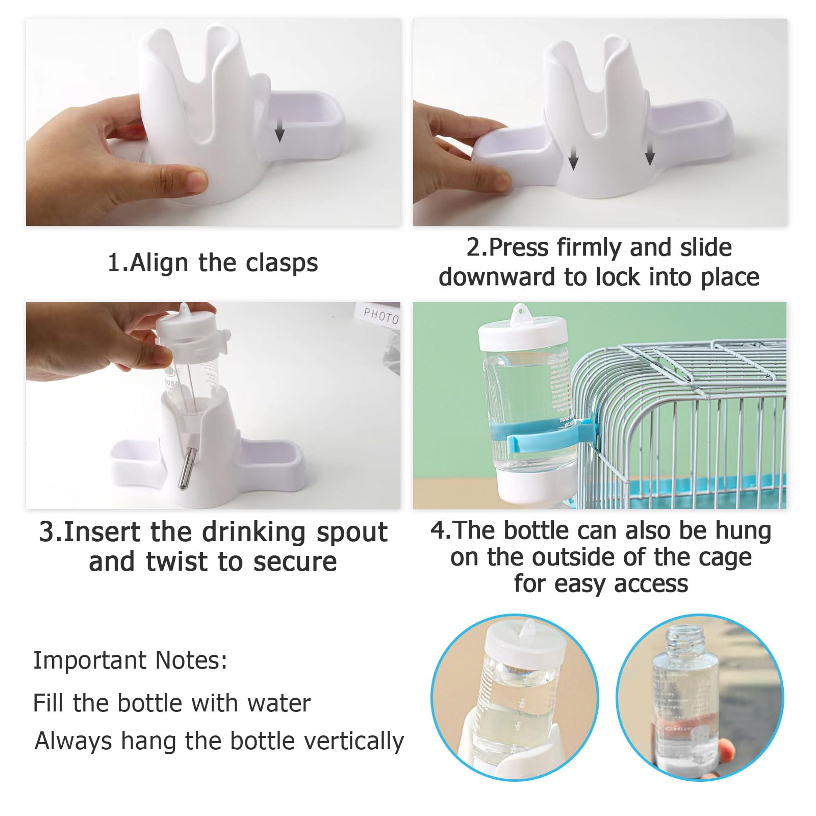 Bouteille D’Eau pour Hamster 80 ML Blanche, Distributeur Automatique 3 en 1 avec Double Bol et Support, sans Fuite pour Hamster, Lapin, Cochon D’Inde, Chinchilla et Autres Petits Animaux