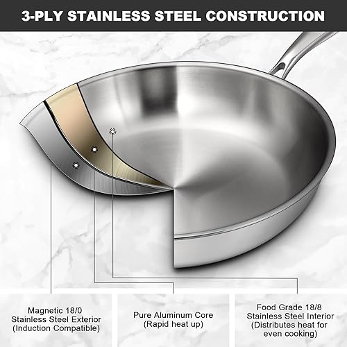 Miniatura 3 de EWFEN Juego de sartenes de acero inoxidable de tres capas, sartenes de cocina de 8 pulgadas, 10 pulgadas12 pulgadas, sartén sin PFOA y PTFE, sartén
