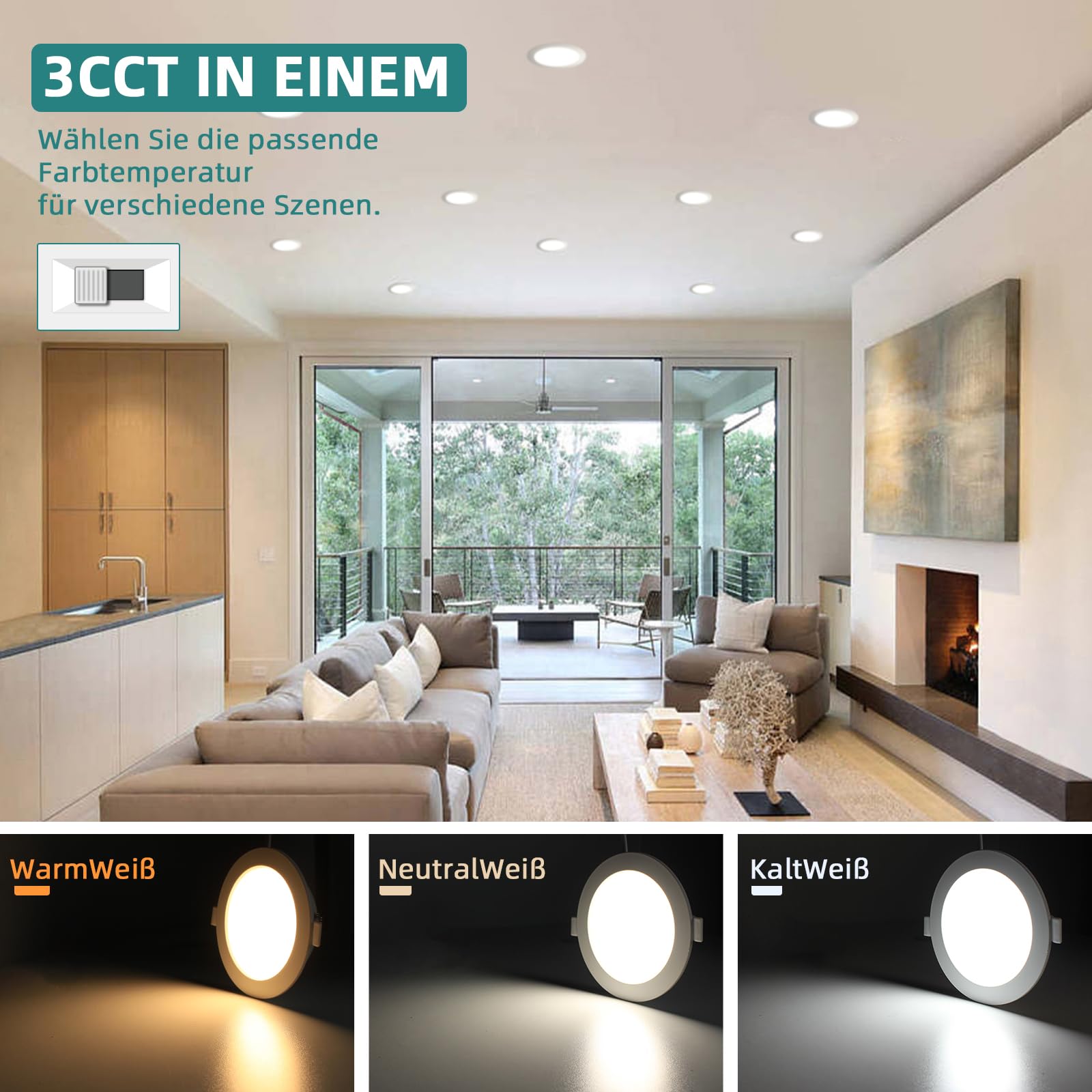 Foco led empotrable (230V, 9W, 3000K, 4500K, 6000K, 3CCT, 720 lm, para cocina, salón, pasillo, lote de 6, redondo, blanco, diámetro 95-110 mm)