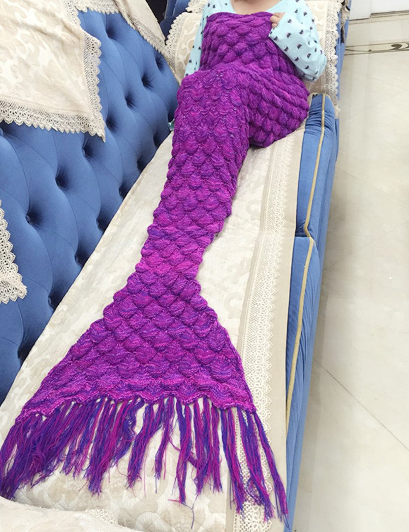 Mermaid Tail Blanket, Mermaid Crochet Blanket with Fish-Scale Pattern for Adult, All Season Sleeping Bag 71" x 35"(180×90 cm ) (Deep purple)