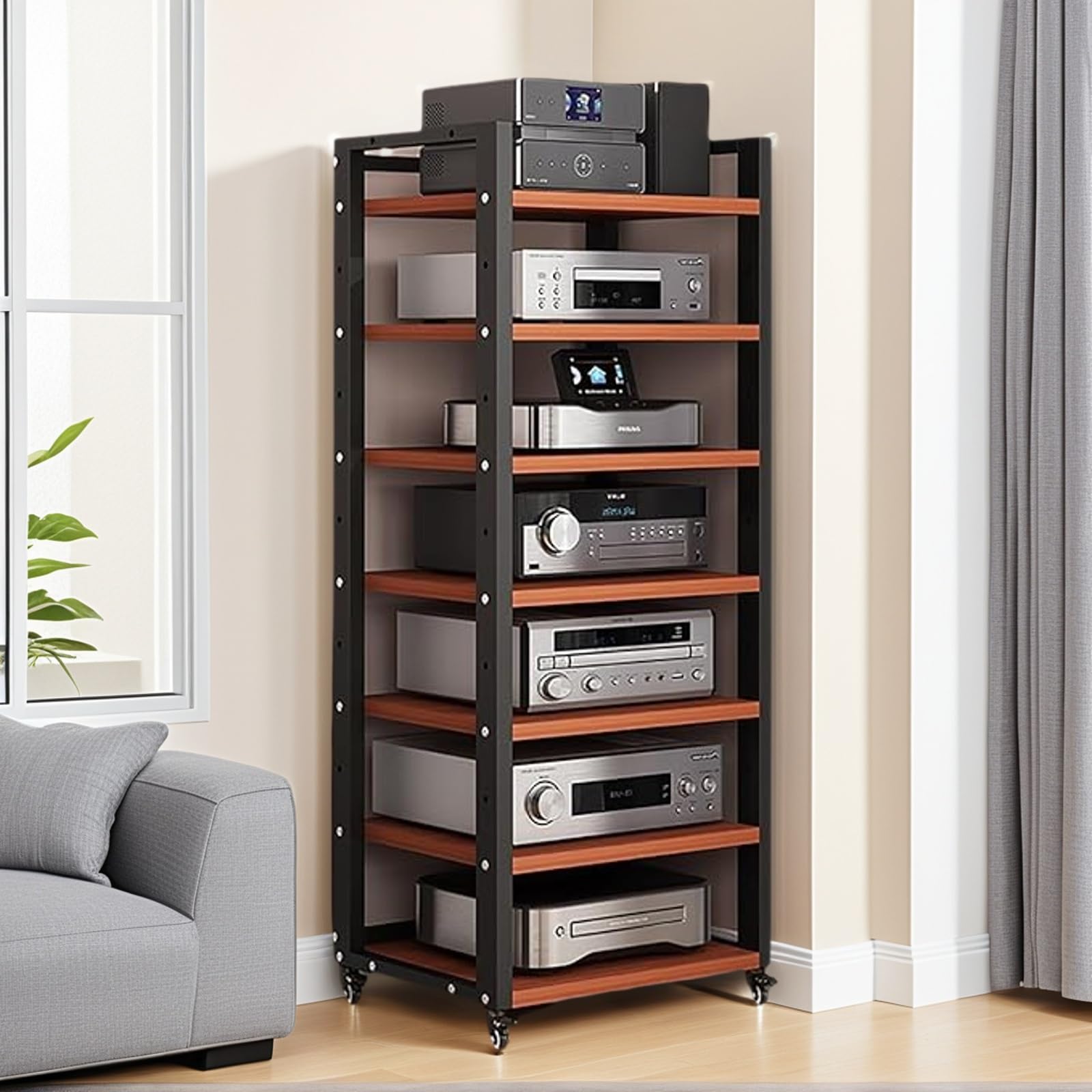 7-poziomowa szafka pod sprzęt audiowizualny, narożna szafka pod telewizor z regulowaną półką, nowoczesne stojaki na sprzęt stereo, do salonu, pokoju gier i studia nagrań(Red)