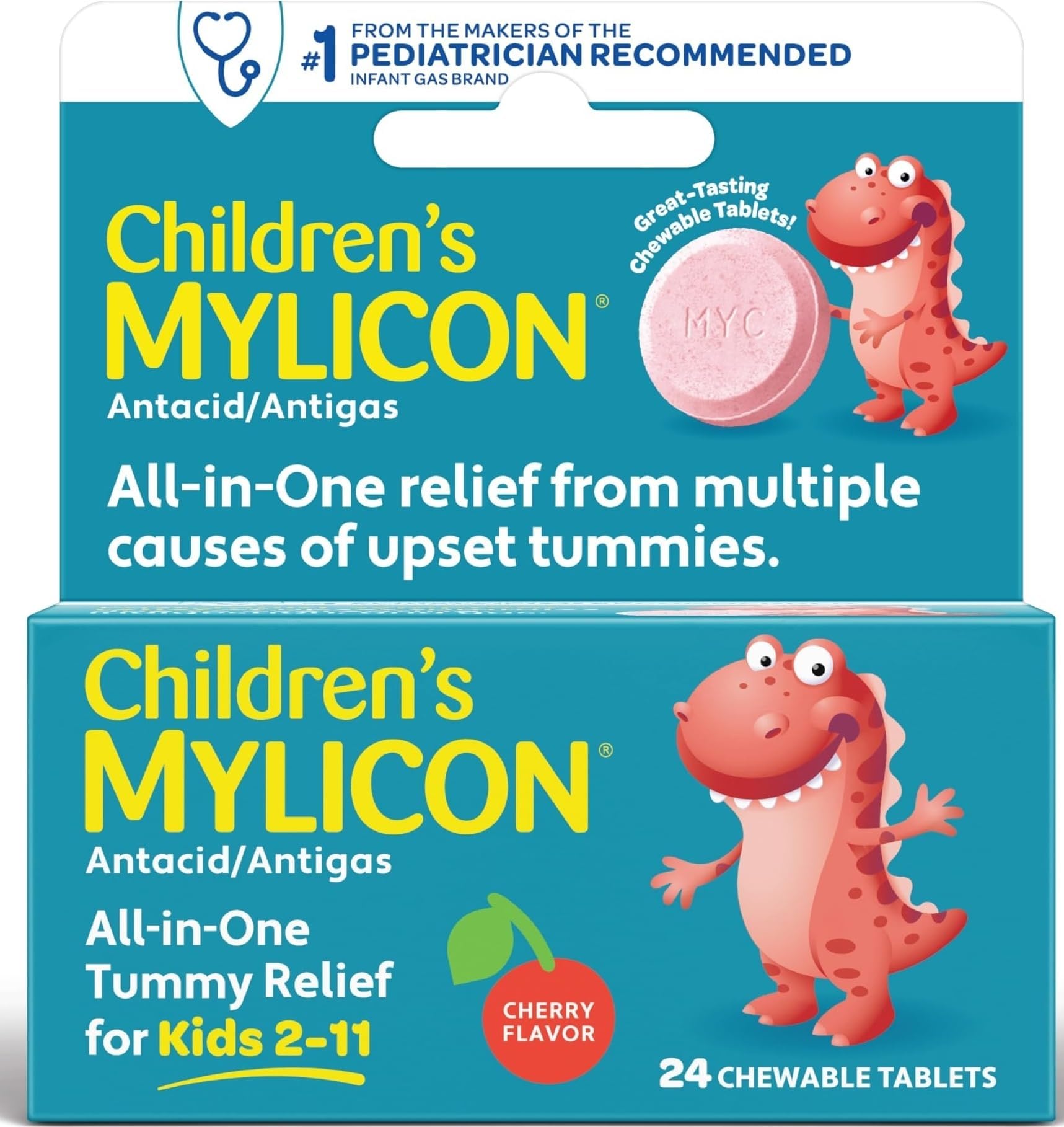 MYLICON Children's Tummy Relief Chewable Tablets, for Kids, Cherry, 24 Ct