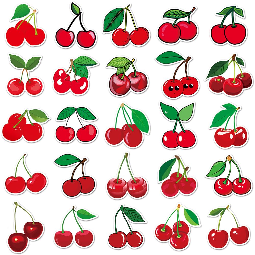 Red Cherry Vinyl Stickers, 50 PCS Waterproof Cartoon Fruit Decals for Laptops Scrapbooking, Journals, Notebooks - Image 2