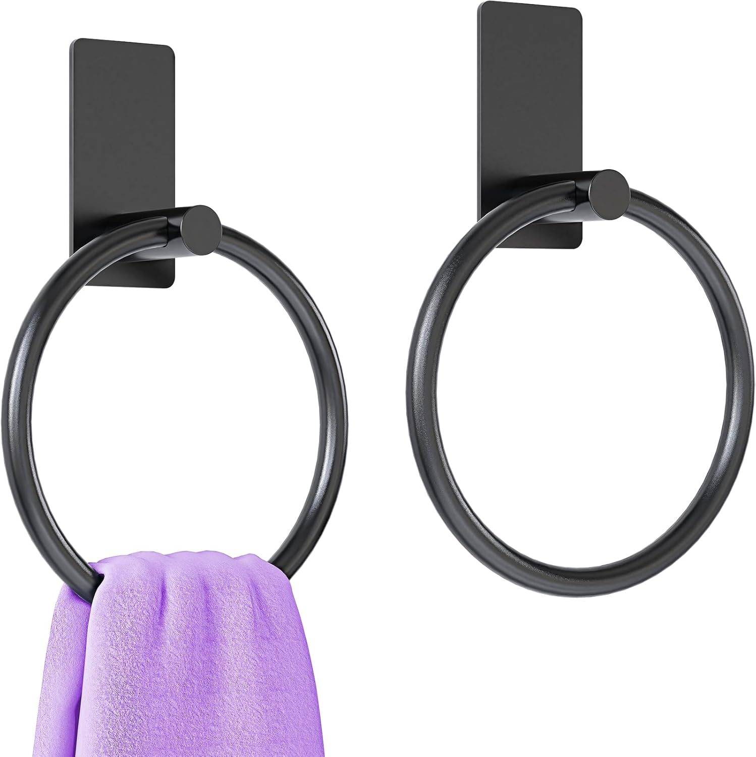 2 Pack Towel Ring, Hand Towel Holder for Bathroom, Self Adhesive Round Hand Towel Rings, Stainless Steel Towel Hanger Heavy Duty Towel Racks Stick On Wall for Kitchen, Matte Black