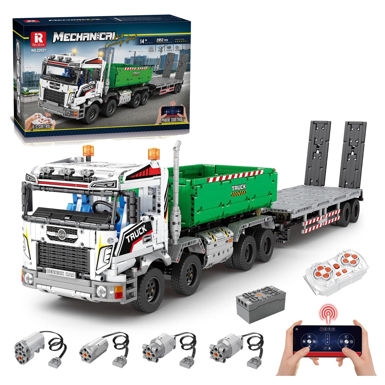 Reobrix Technic 22021 Truck Building Blocks Set, Remote Control Dump Truck with Trailer, Construction Toy Model Kit for Boys and Adults, 2852 PCS