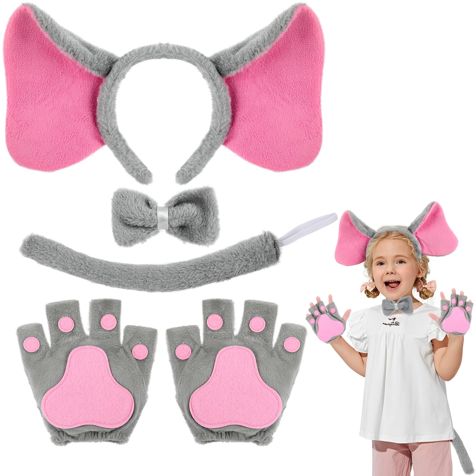 5 Piezas Disfraz Elefante,Disfraces de Animales Diadema Orejas Elefante Pajarita Cola Guantes Pata Niños Adultos,Disfraz Halloween Carnaval Regalos de Fiesta de Cumpleaños