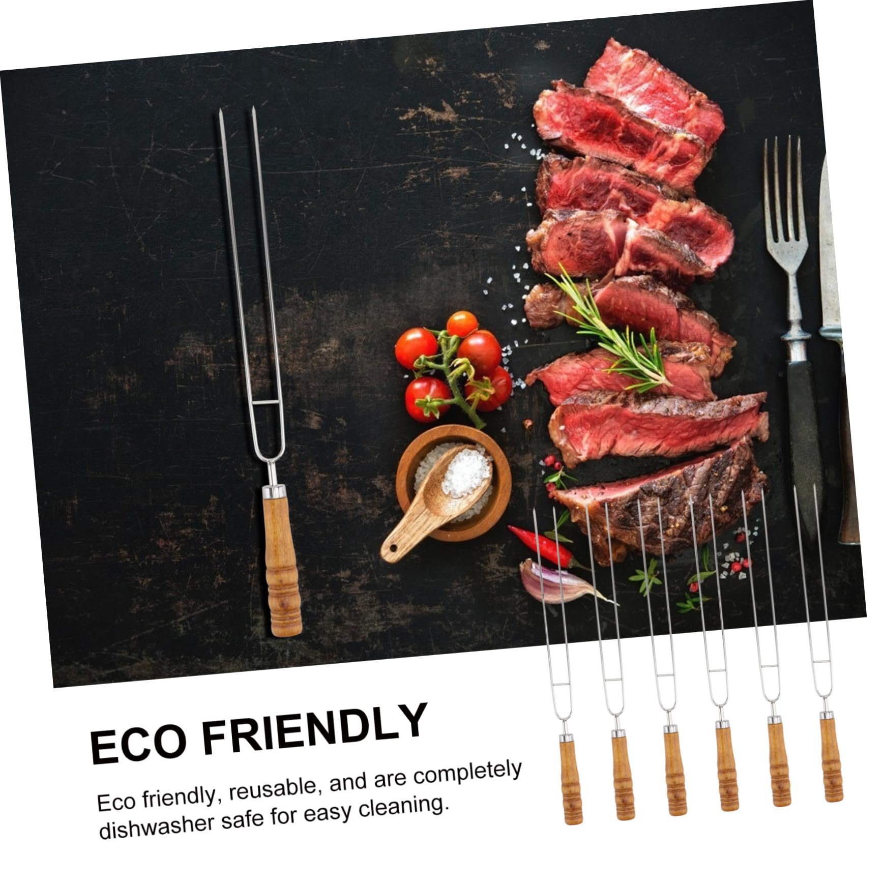 6 Piezas Pinchos para Barbacoa Acero Inoxidable con Doble Mango Madera Utensilios para Asar Carne y Vegetales Exteriores sin Reutilizables