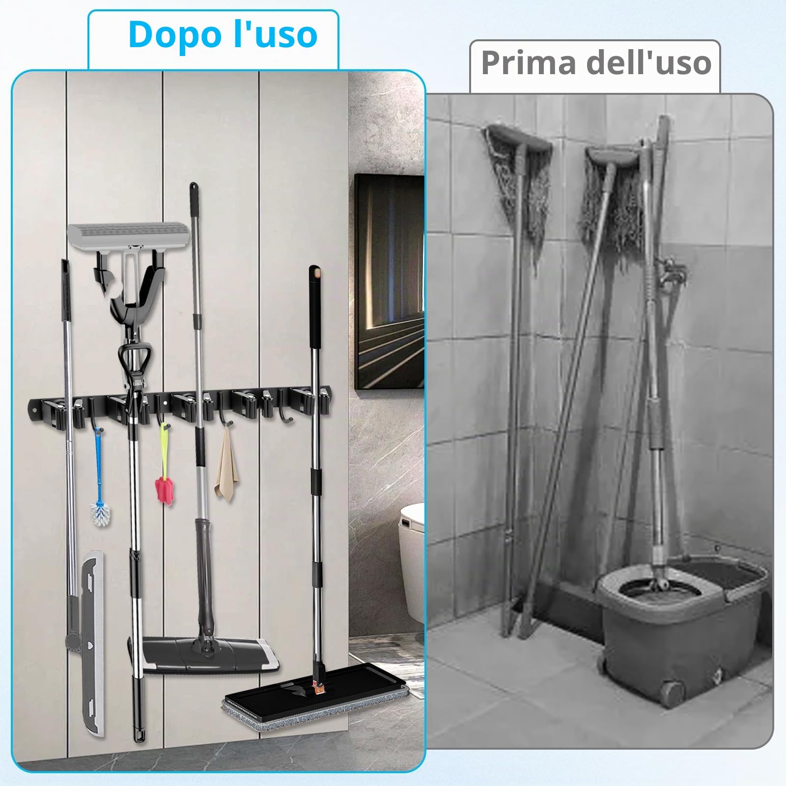 2 Pezzi Porta Scope Parete, 5 Supporti e 4 Ganci Nero Portascope, Portascope da Muro Autoadesivo, Appendibile Portaspazzole Acciaio Inox, per Cucina, Bagno, Garage, Giardino, Balcone