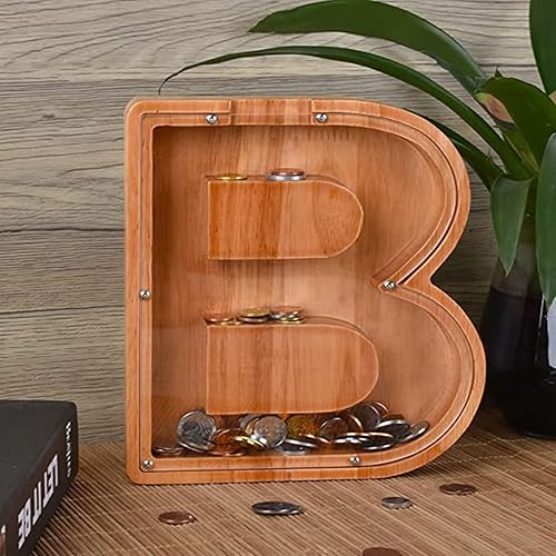 Miniatura 6 de JENPECH Alcancía de madera con letras para niños y niñas, 26 letras del alfabeto, caja de ahorro de dinero transparente, regalo creativo para